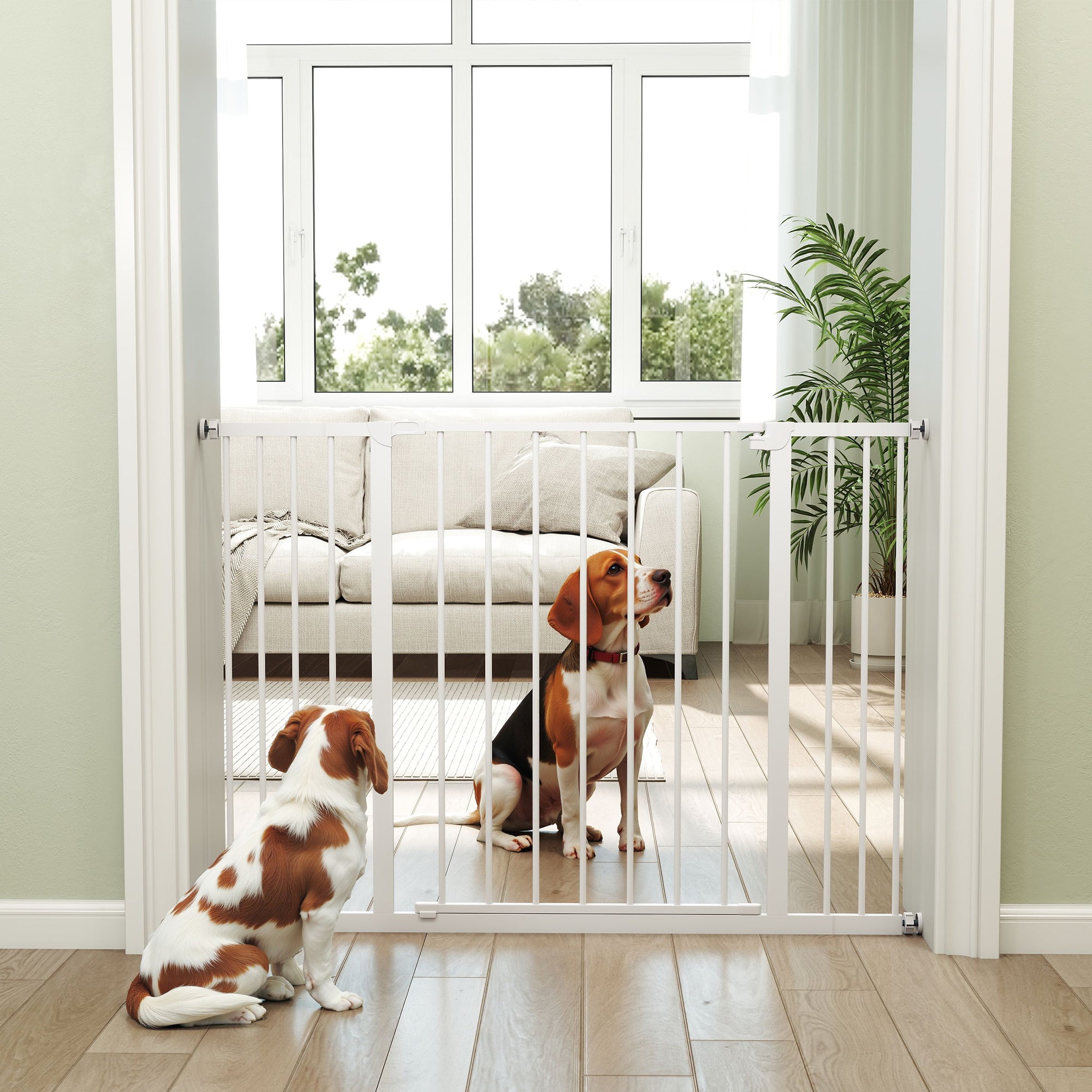 PawHut Dog Gate Pet Safety Gate Stair Barrier Pressure Fit Adjustable 76-82/86-97/101-107 cm, White - North Peak Garden Furniture