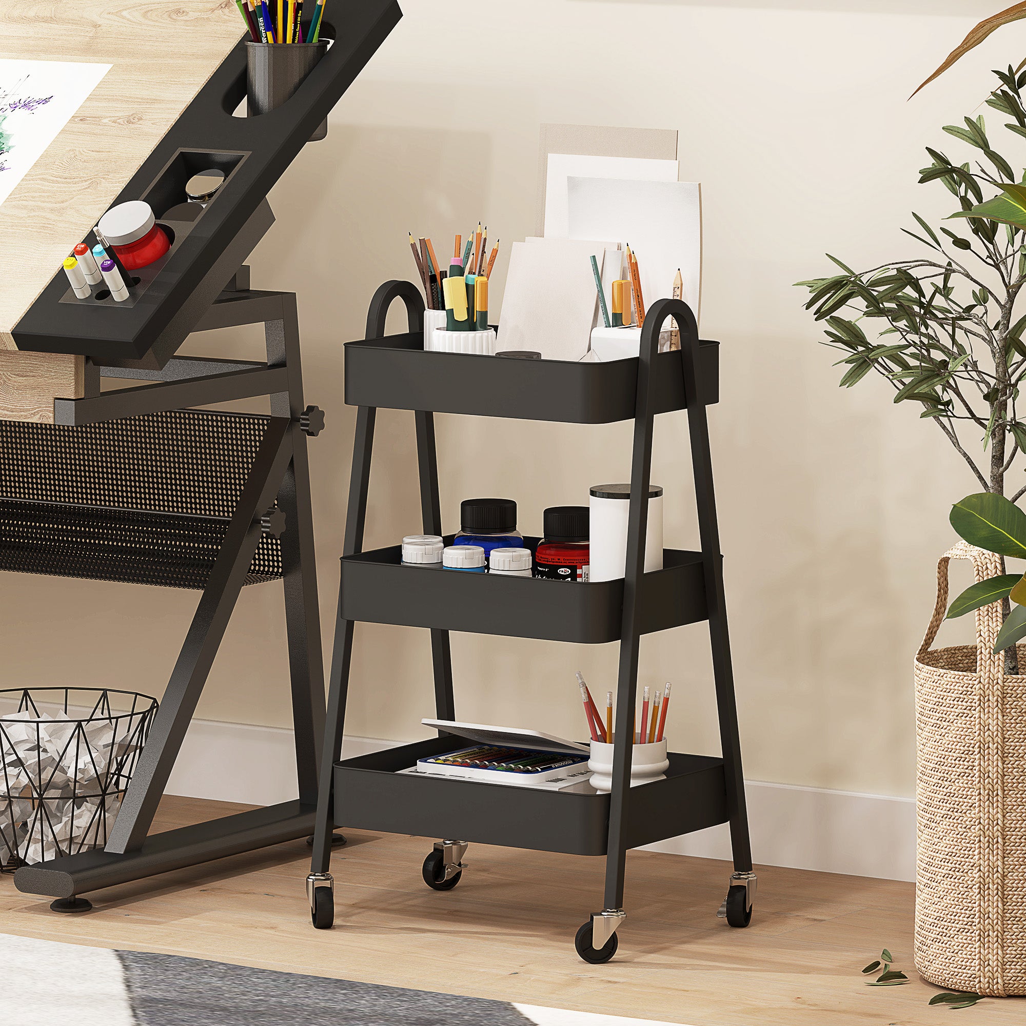 HOMCOM 3-Tier Storage Trolley on Wheels - Black - North Peak Garden Furniture