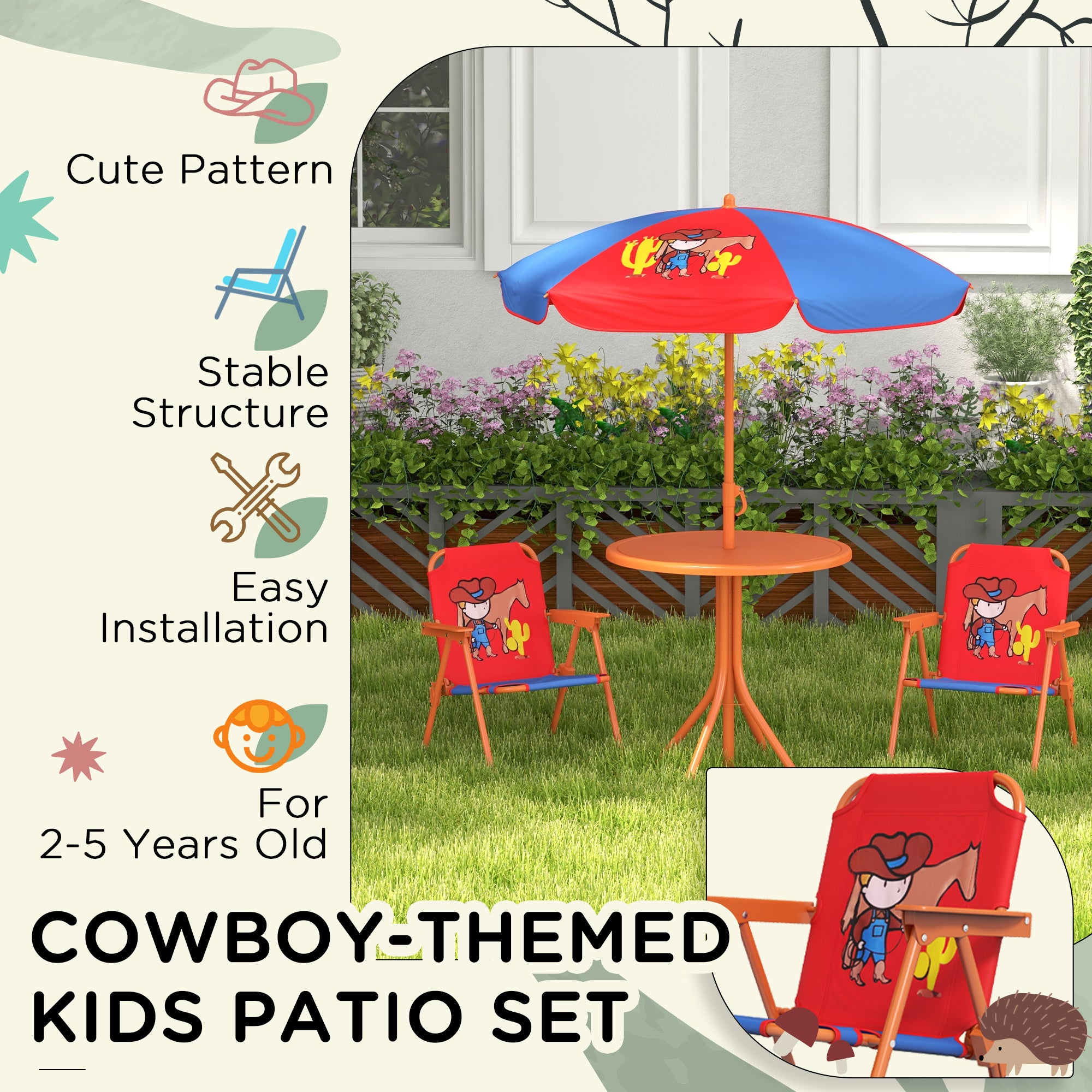 Outsunny Kids Picnic Table and Chair Set, Cowboy Themed Outdoor Garden Furniture w/ Foldable Chairs, Adjustable Parasol - North Peak Garden Furniture