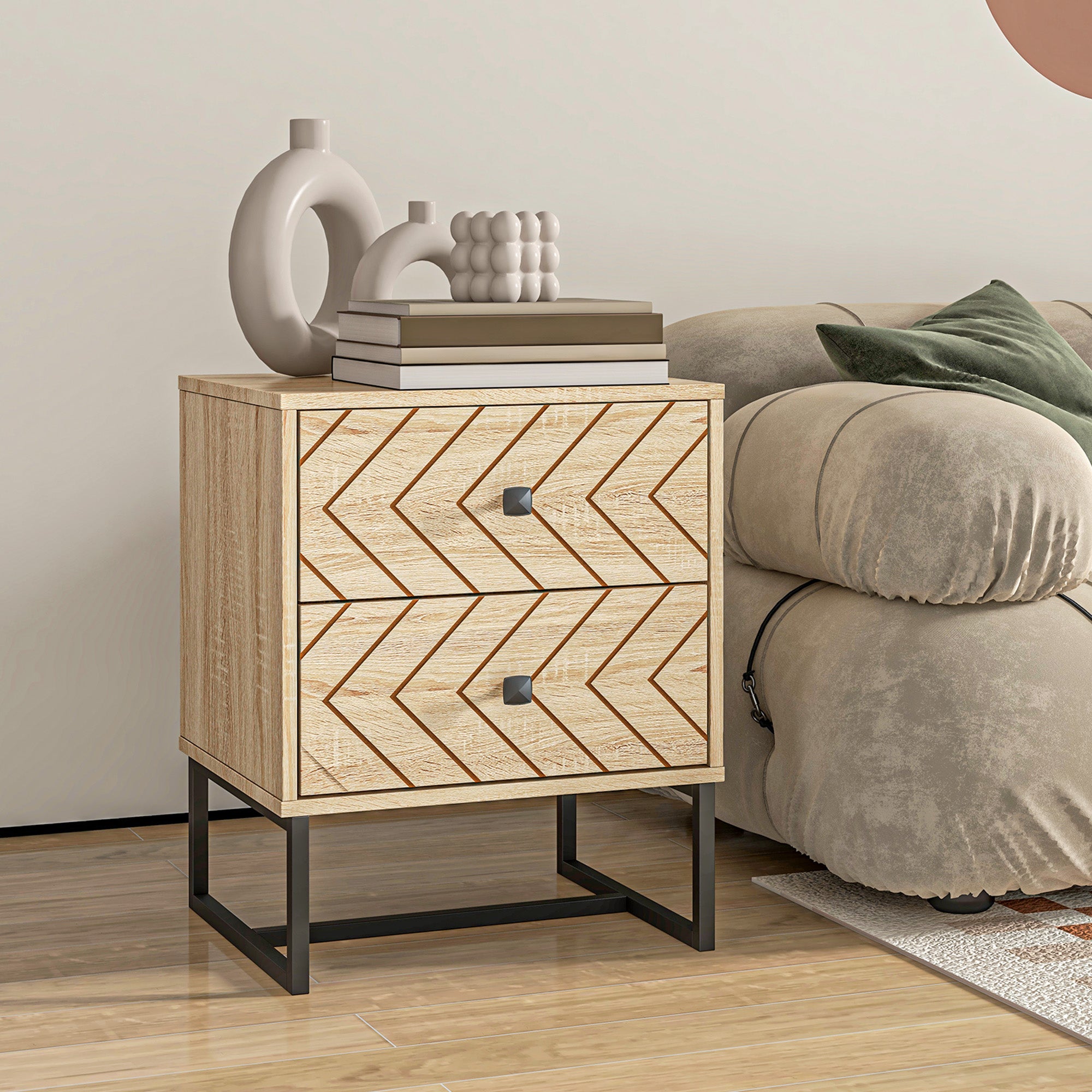 HOMCOM Bedside Table Nightstand Two-Drawer Bedroom Storage Unit Zig Zag Design with Black Metal Handles, Natural