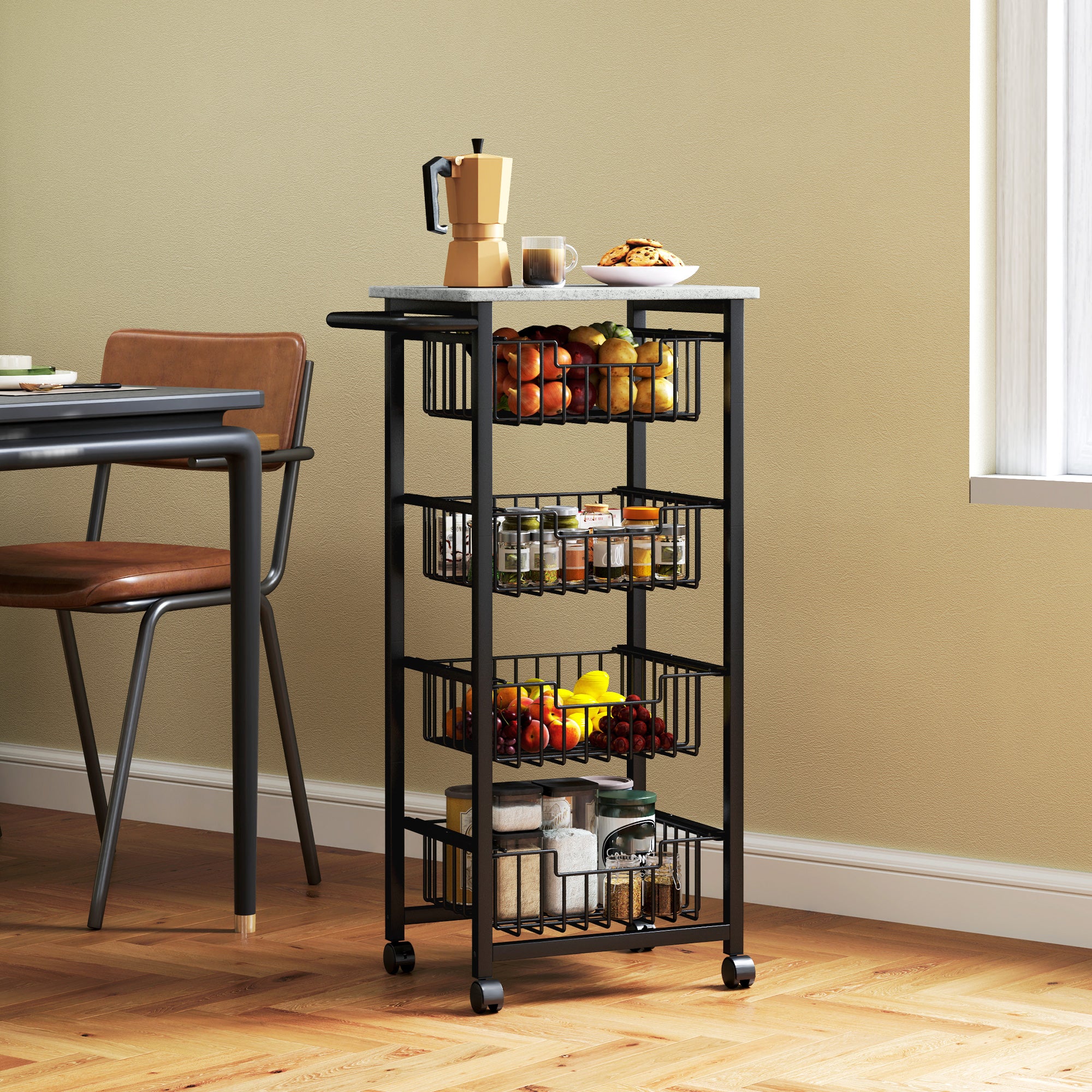 HOMCOM Four Basket Mobile Kitchen Island, with Brakes - Grey/Black - North Peak Garden Furniture