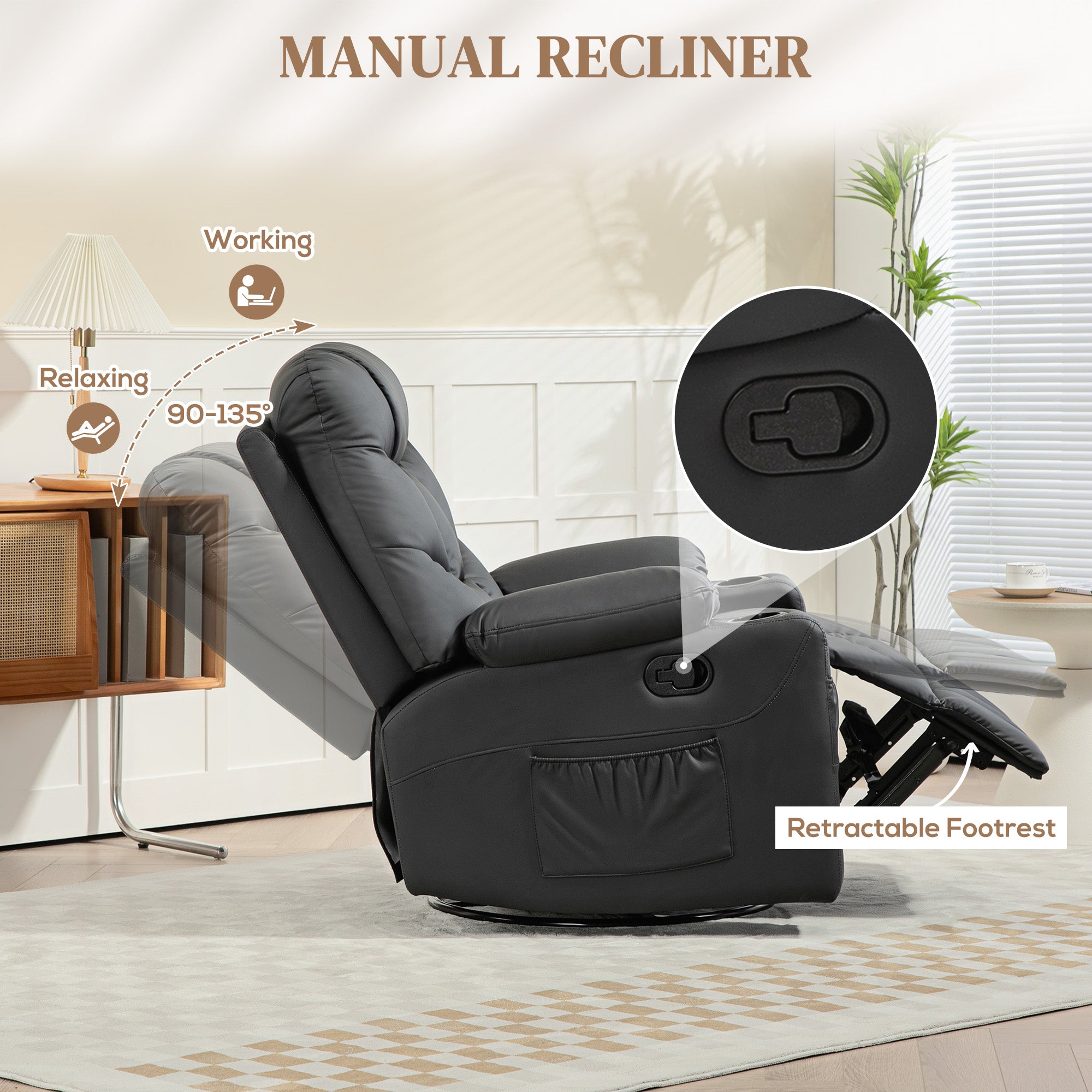 HOMCOM Manual Reclining Chair, Recliner Armchair with Swivel, Faux Leather, Footrest, Cup Holders, 86x93x102cm, Black - North Peak Garden Furniture