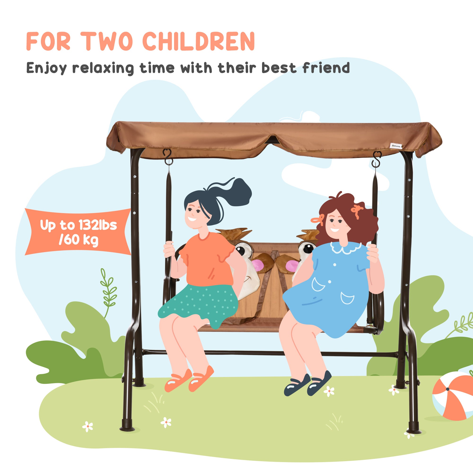 Outsunny 2 Seater Kids Garden Swing Seat, Children Outdoor Patio Lounge Chair for Gardens w/ Adjustable Awning, Seatbelt, Monkey Pattern - Brown - North Peak Garden Furniture