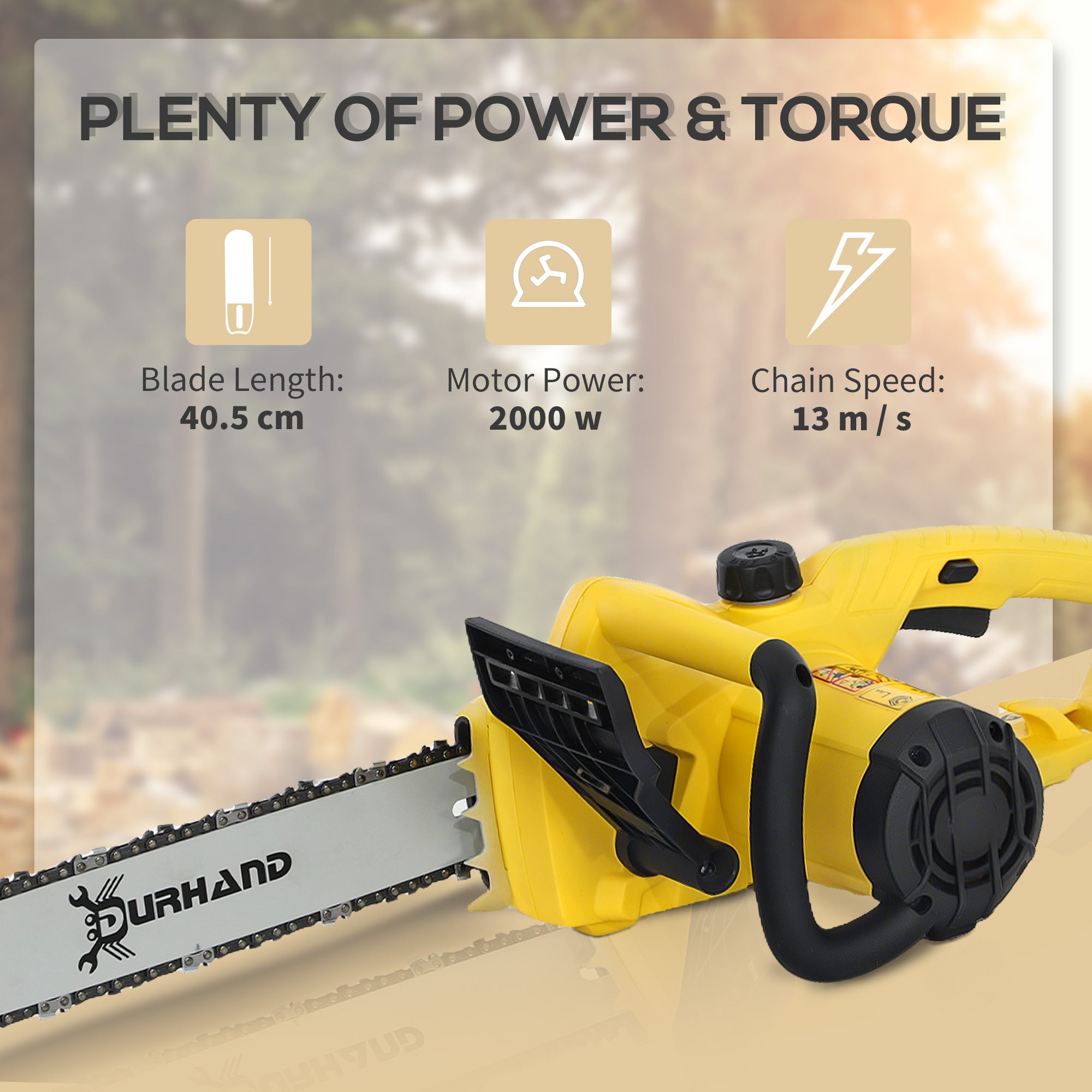 DURHAND Aluminium Chainsaw with Double Brake Protection and Blade Cover, 2000 W, 40 cm, for Wood, Trees and Branches, Yellow - North Peak Garden Furniture
