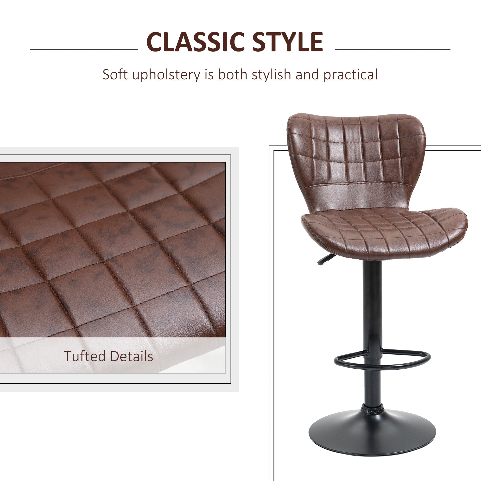 HOMCOM Bar Stools Set of 2 Adjustable Height Swivel Bar Chairs in PU Leather with Backrest & Footrest, Brown - North Peak Garden Furniture