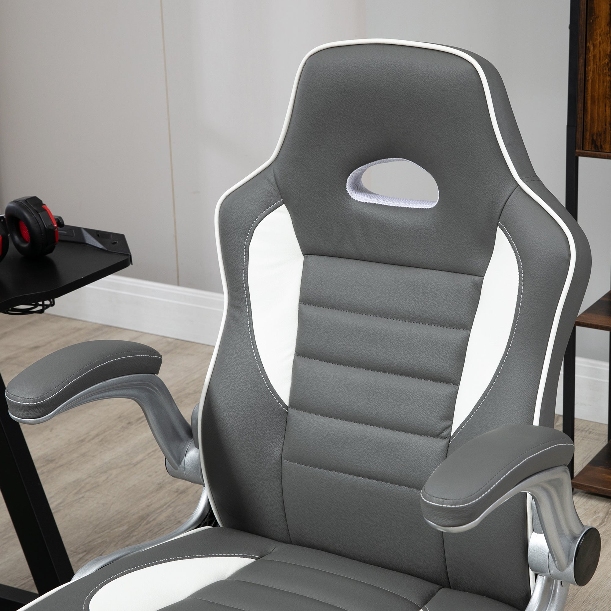 Vinsetto Computer Gaming Chair, Office Desk Swivel Chair, PU Leather Racing Chair with 90° Flip-up Armrest, Adjustable Height and Rolling Wheels, Grey - North Peak Garden Furniture