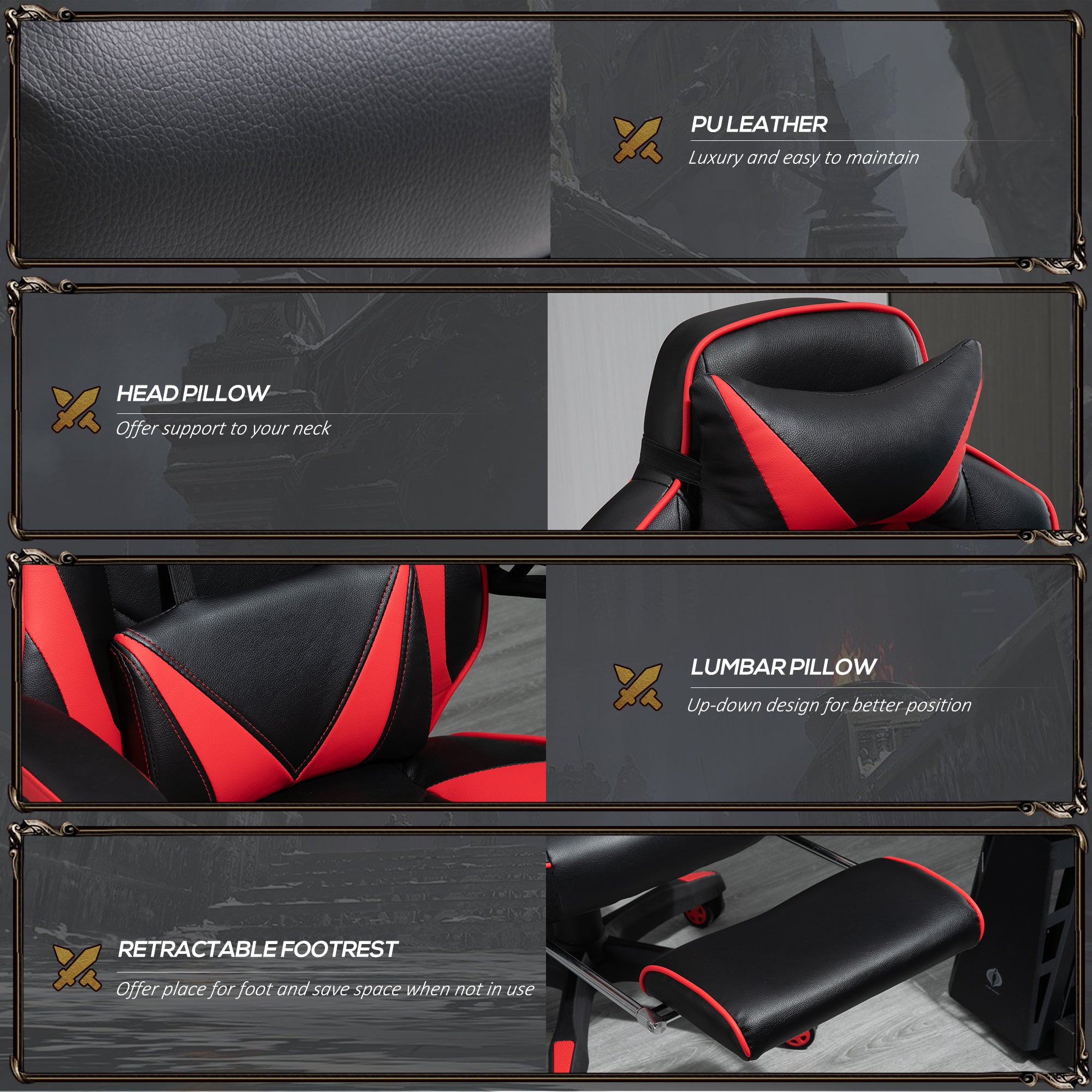 Vinsetto Computer Gaming Chair, Racing Desk Chair with Lumbar Support and Footrest, PU Leather Gamer Chair with Headrest and Swivel Wheels for Home, Red - North Peak Garden Furniture
