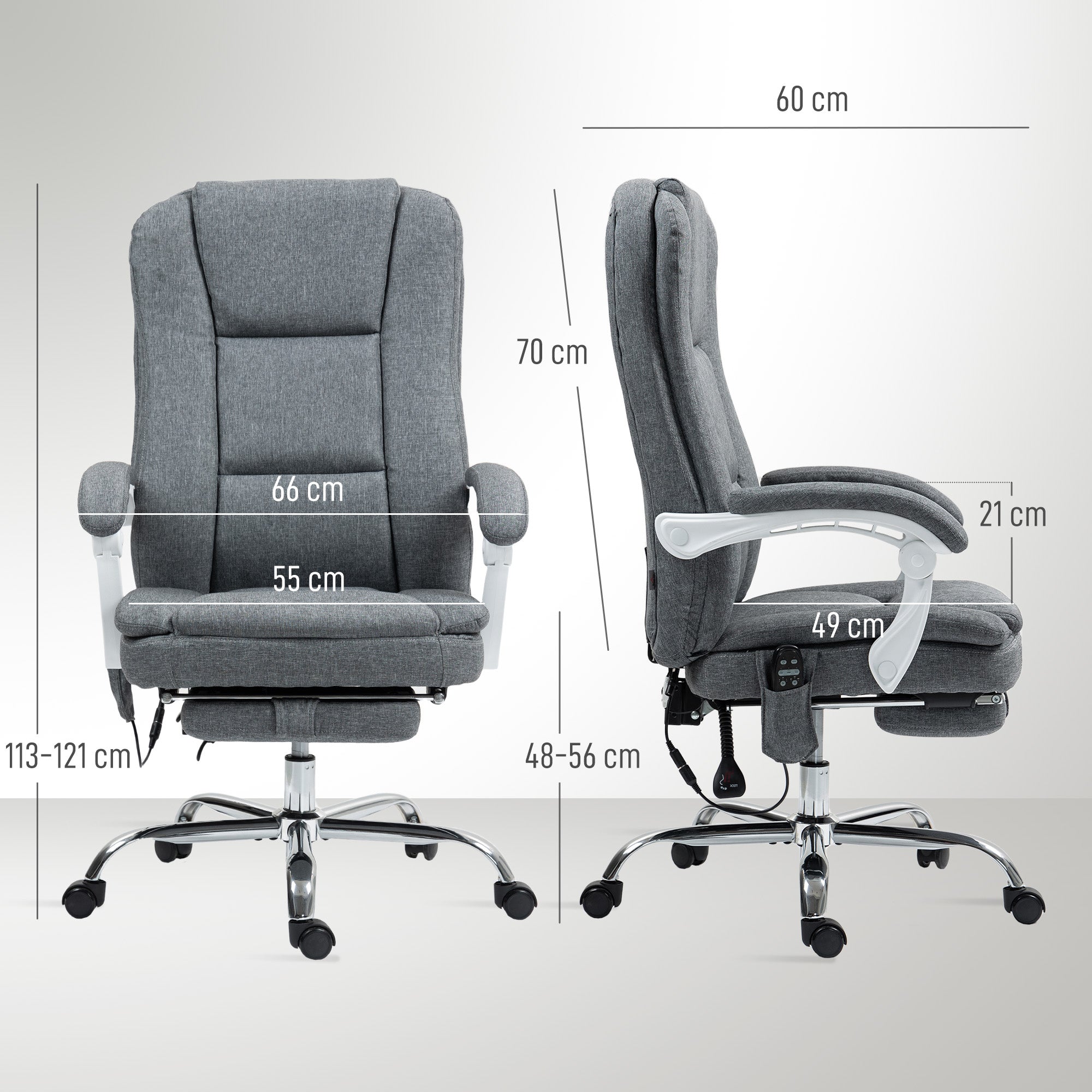 HOMCOM Executive Office Chair with 8-point Massage and Heat, Fabric Computer Desk Chair with Reclining Backrest, High Back, Height Adjustable, Swivel Wheels, Footrest, Remote, for Home, Grey - North Peak Garden Furniture