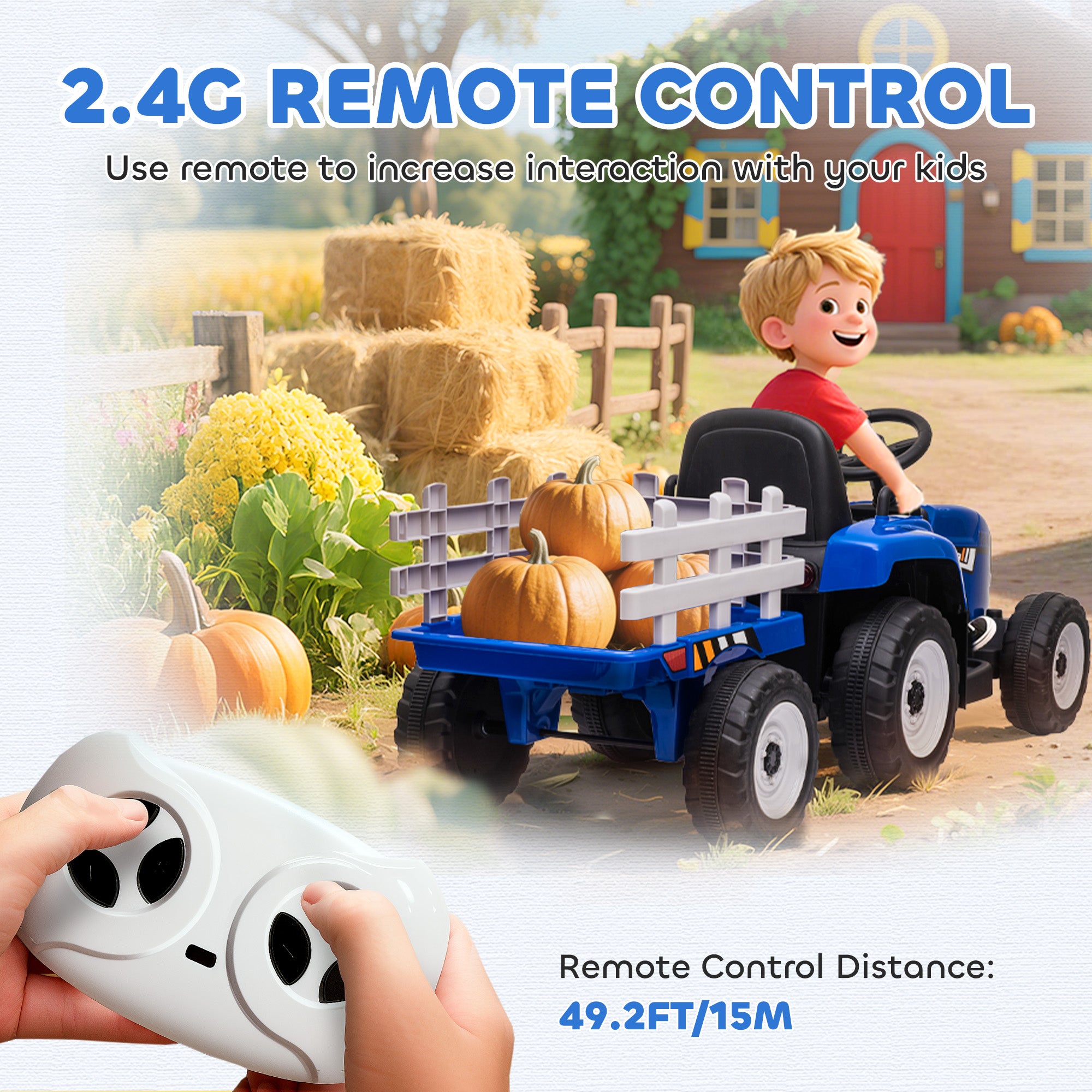 HOMCOM Ride On Tractor, Battery Powered Electric Car, with Detachable Trailer, Remote Control, Music - Blue