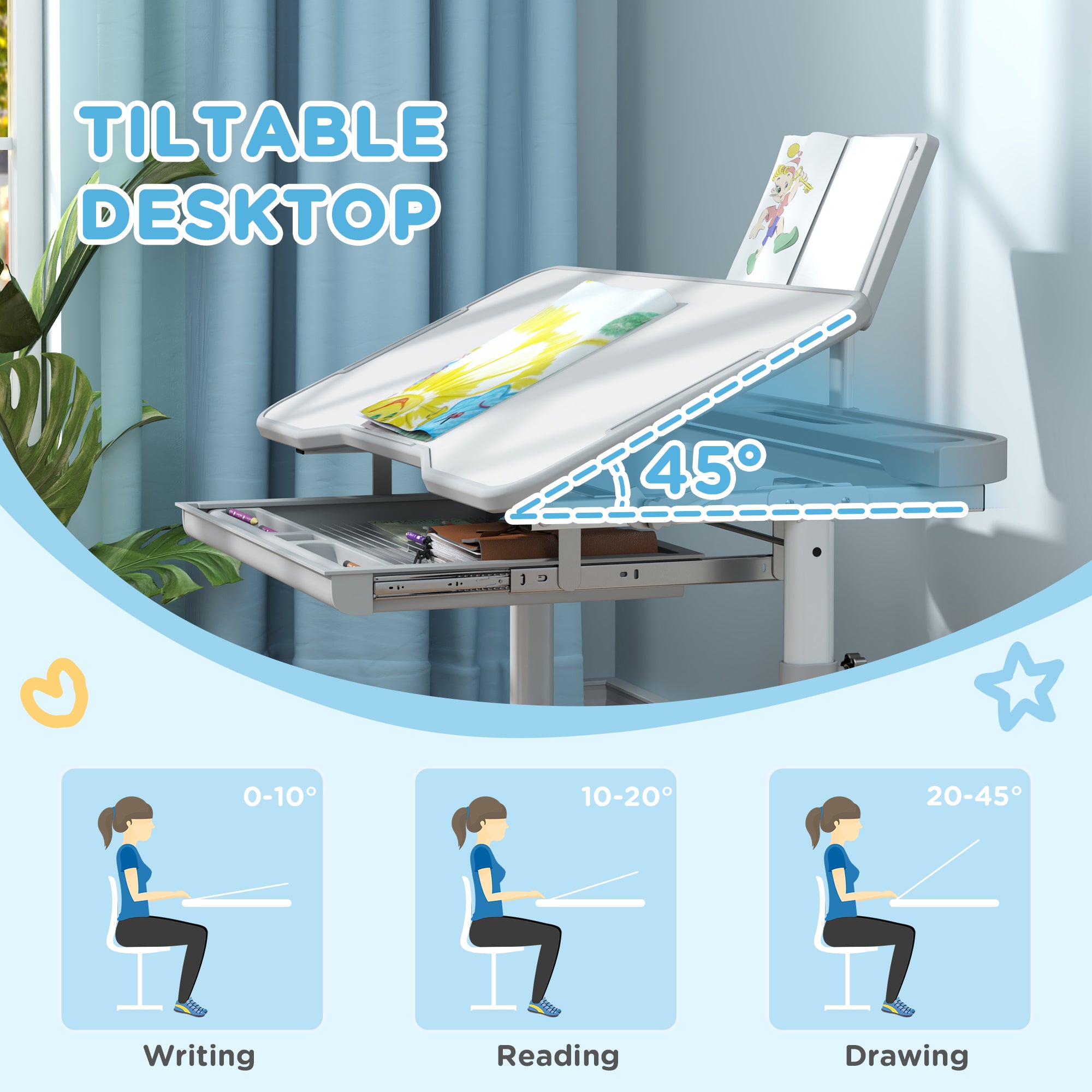 AIYAPLAY Height Adjustable Kids Desk and Chair Set, School Study Writing, Reading Table Chair Set w/ Tilted Desktop, Grey - North Peak Garden Furniture
