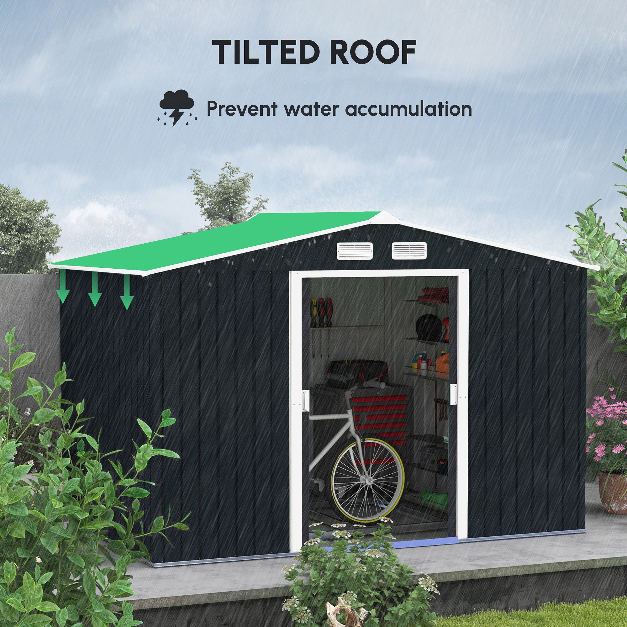Outsunny 9 x 6ft Metal Garden Shed, Outdoor Storage Tool House with Ventilation Slots, Foundation Kit and Lockable Double Doors, Dark Grey - North Peak Garden Furniture