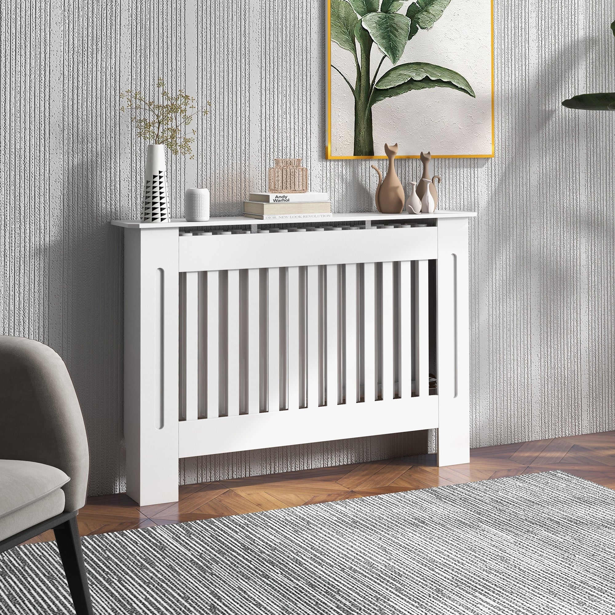 HOMCOM Slatted Radiator Cover Painted Cabinet MDF Lined Grill in White (112L x 19W x 81H cm) - North Peak Garden Furniture