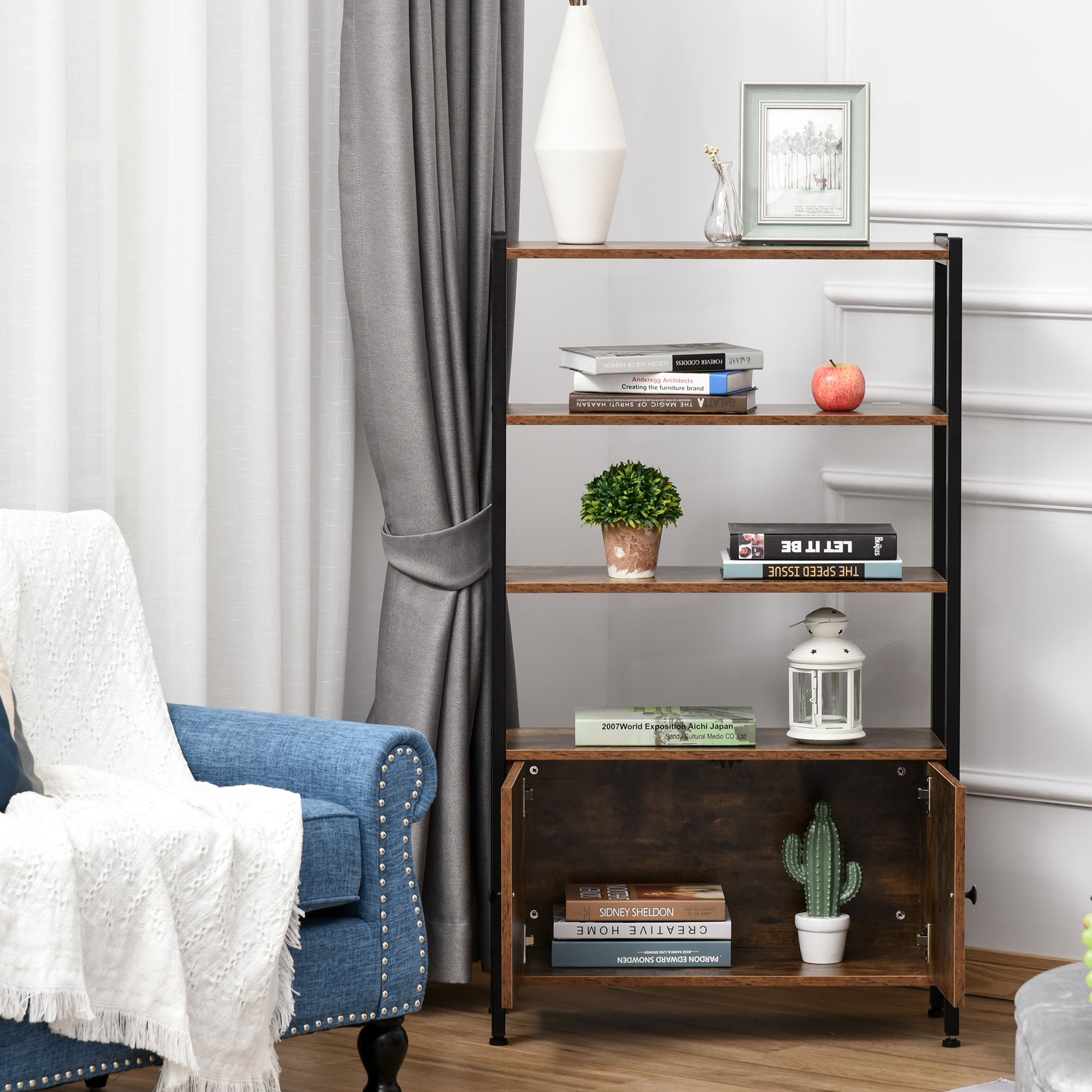 HOMCOM Industrial Bookshelf, Storage Cabinet with 3-Tier with Doors, for Home Office, Living Room Rustic Brown - North Peak Garden Furniture