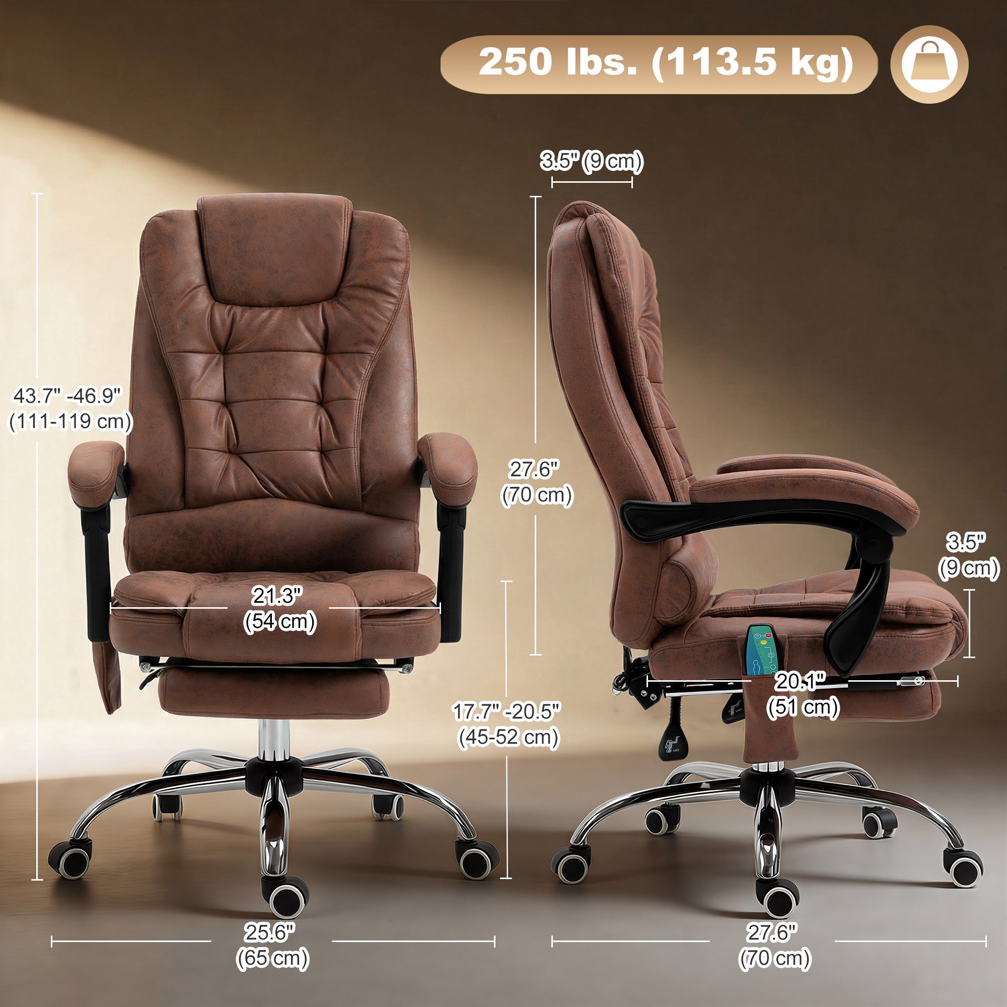 Vinsetto Heated 6 Points Vibration Massage Executive Office Chair Adjustable Swivel Ergonomic High Back Desk Chair Recliner with Footrest Brown
