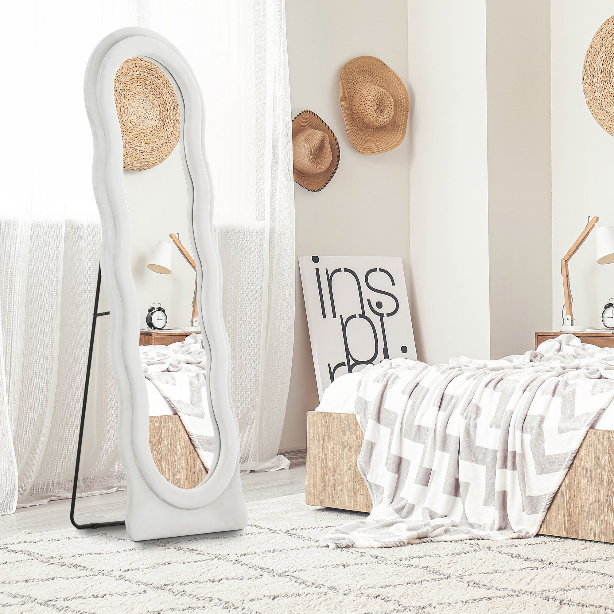 HOMCOM Wavy Velvet-Feel Full Length Mirror - White - North Peak Garden Furniture