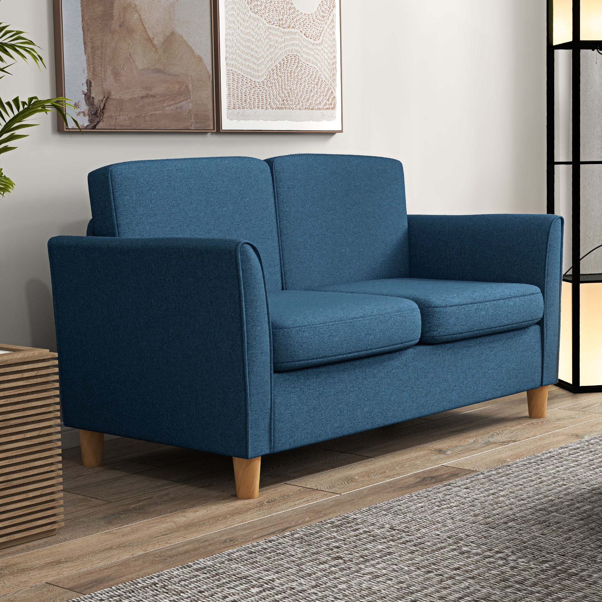 HOMCOM Compact Loveseat Sofa, Modern 2 Seater Sofa for Living Room with Wood Legs and Armrests, Blue - North Peak Garden Furniture
