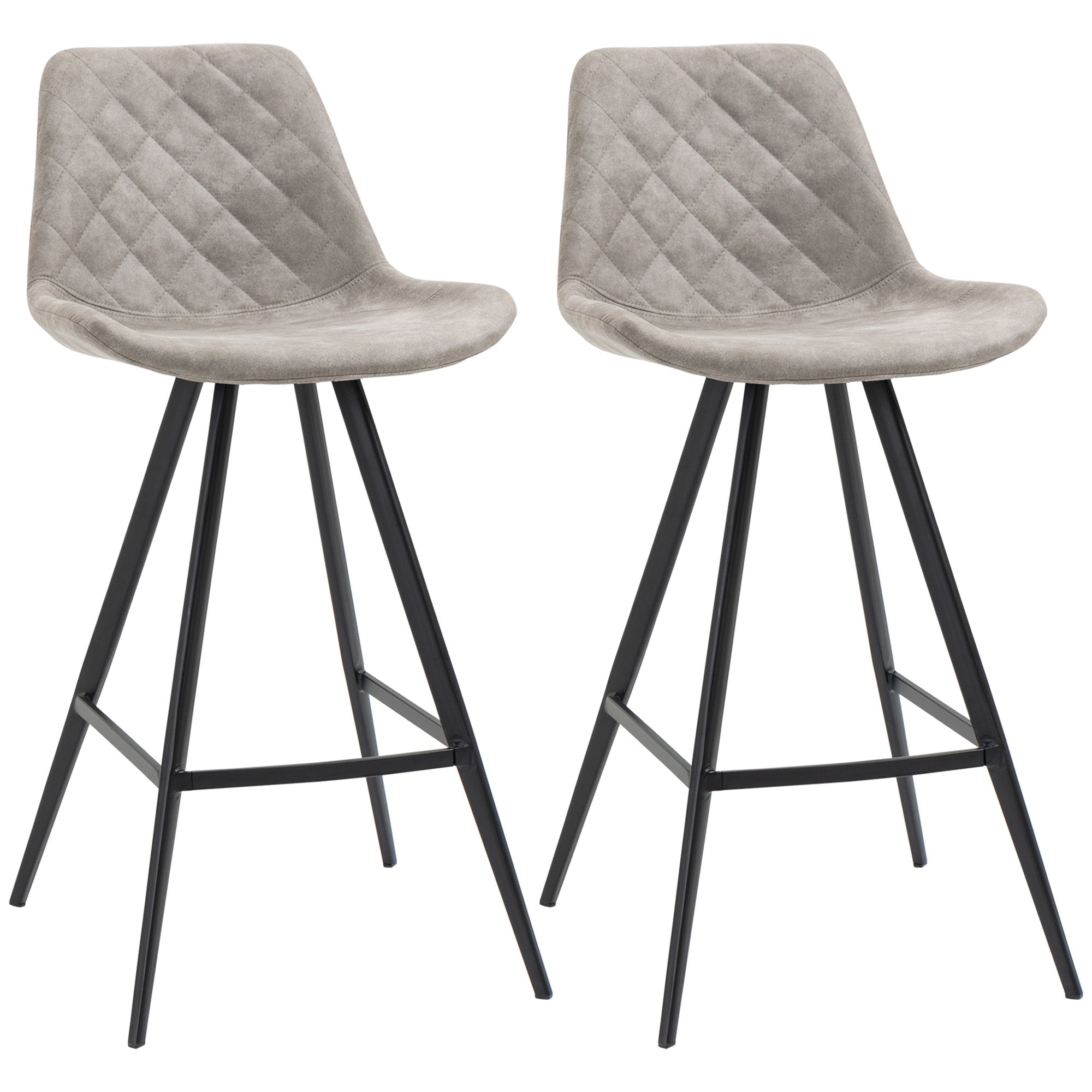 HOMCOM Set Of 2 Bar Stools Vintage Microfiber Cloth Tub Seats Padded Comfortable Steel Frame Footrest Quilted Home Bar Cafe Kitchen Chair Stylish Grey