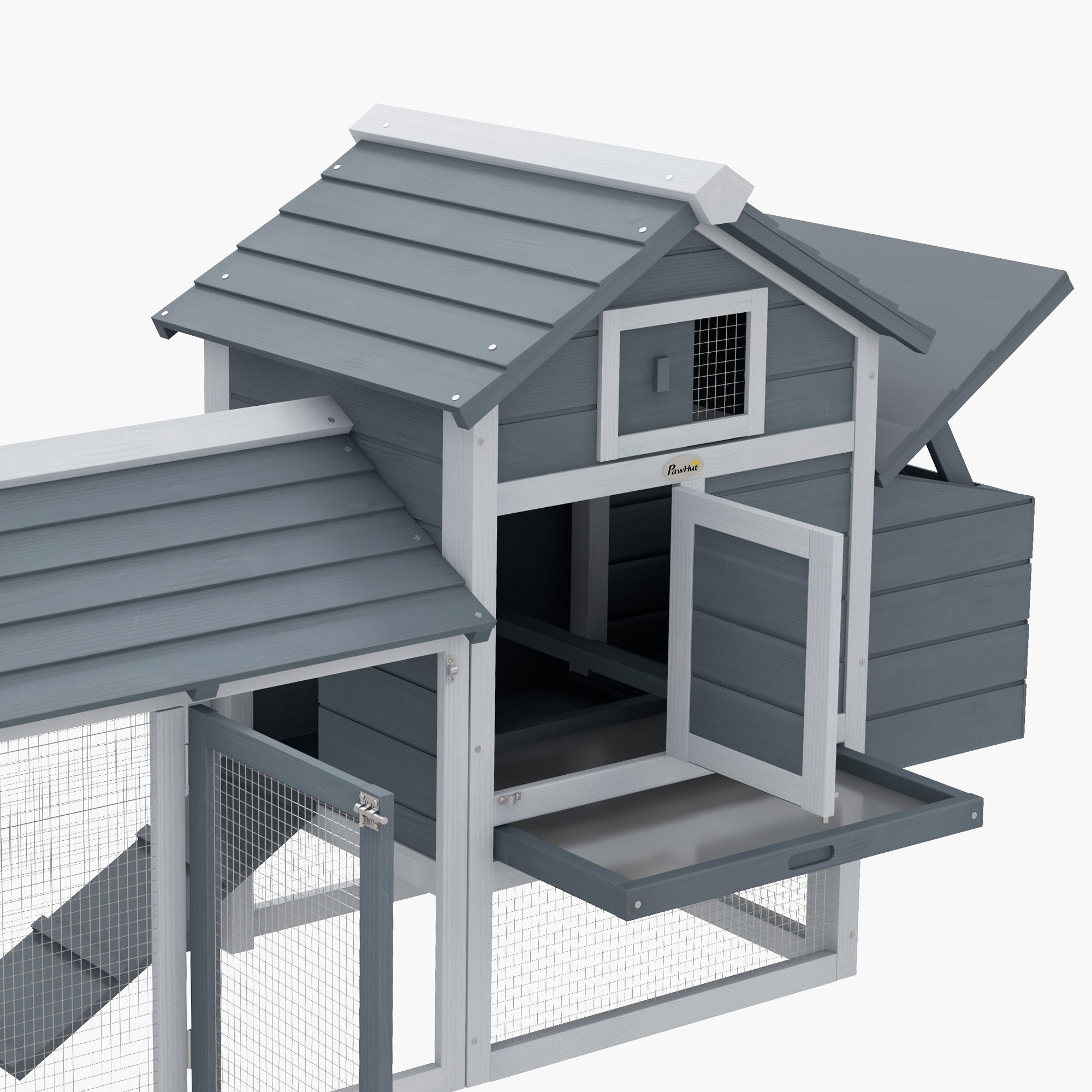 PawHut Small Chicken Coop with Run Hen House Poultry Coops Cages Nesting Box Grey 150.5 x 54 x 87cm - North Peak Garden Furniture