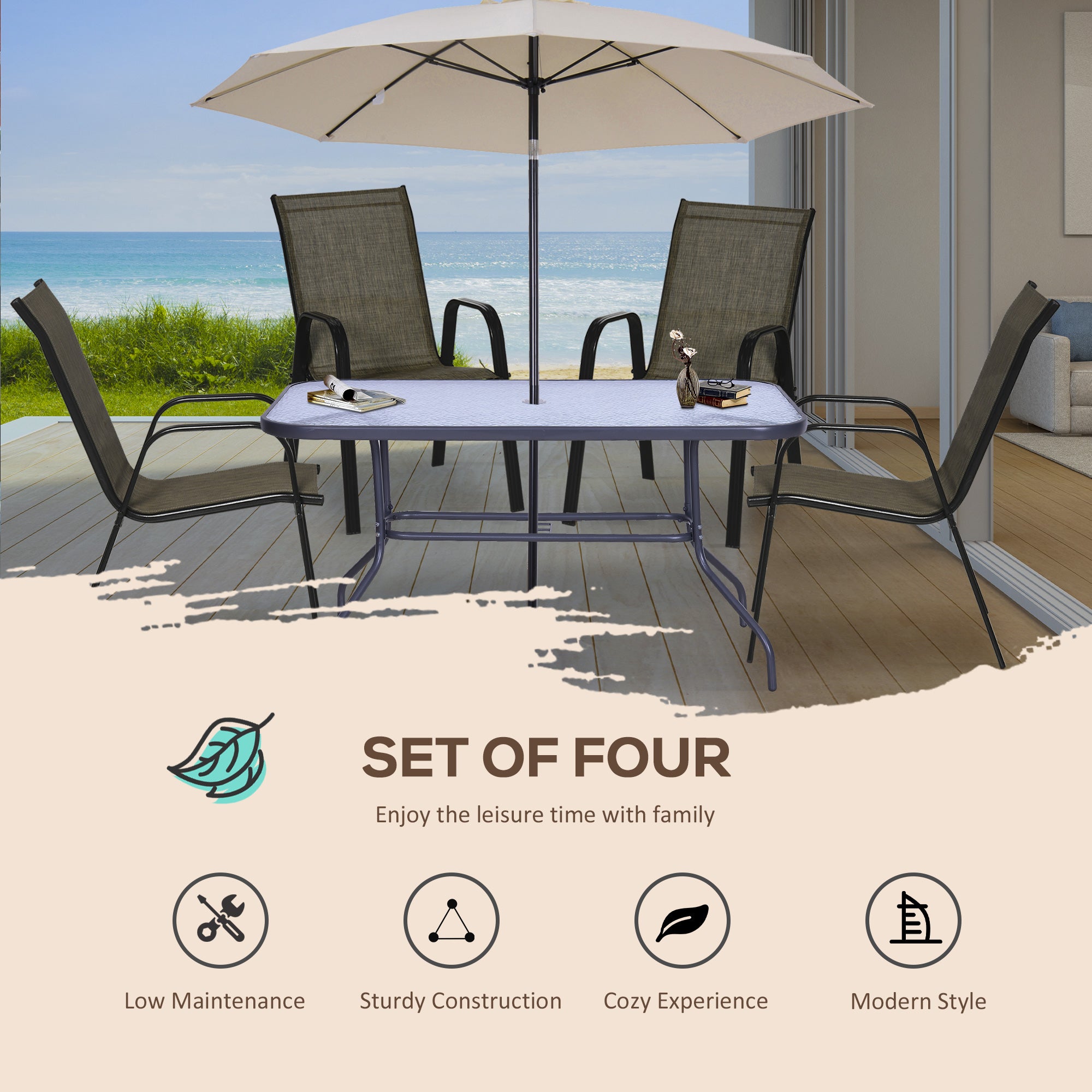 Outsunny Set of Four Stackable Mesh Seat Chairs - Mixed Brown - North Peak Garden Furniture