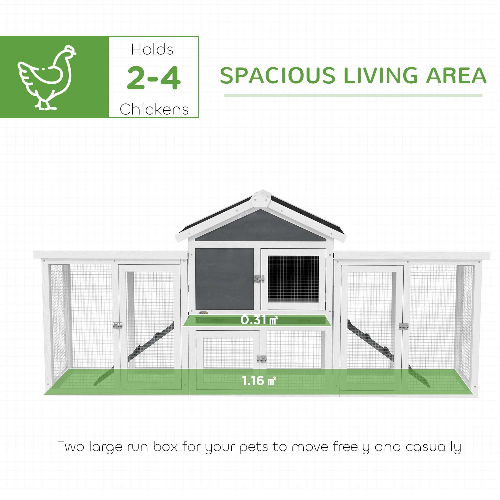 PawHut Large Chicken Coop, Wooden Garden Hen House, Poultry Coops Cages with Run, Nesting Box, Grey - North Peak Garden Furniture