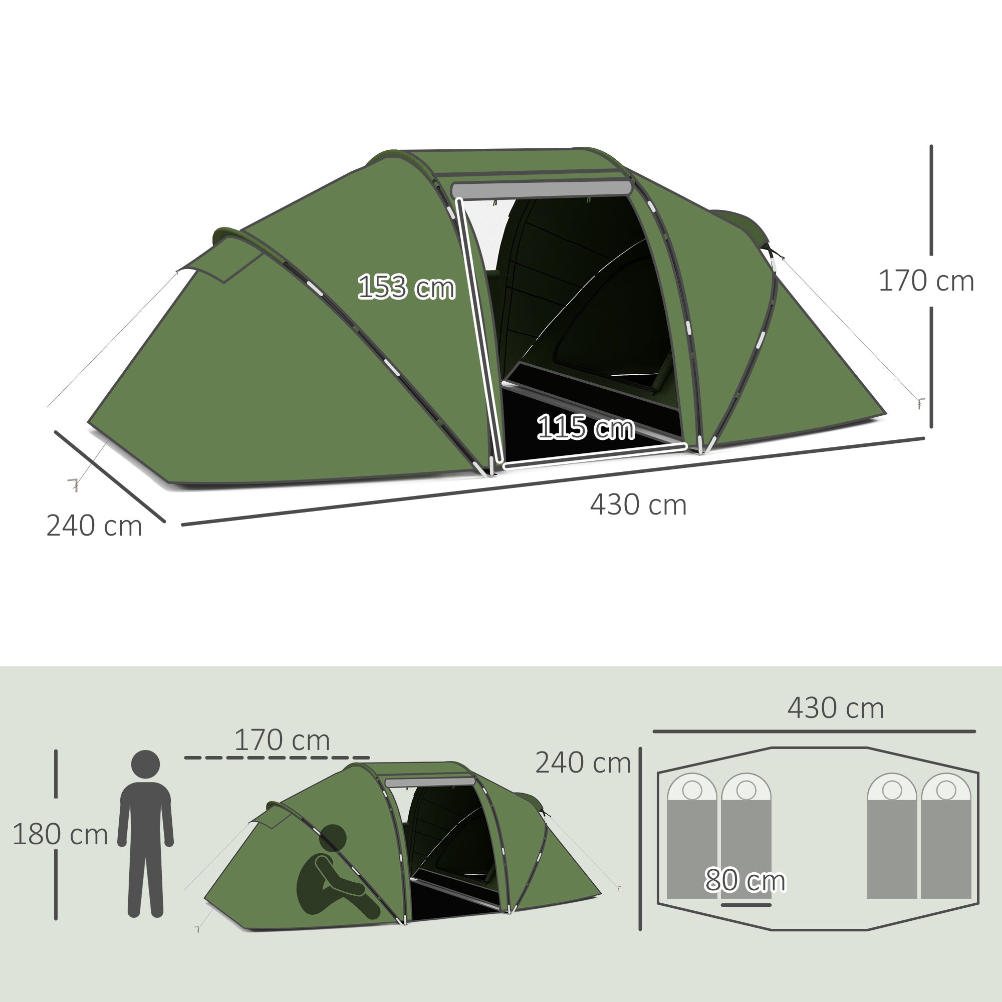Outsunny 4-6 Man Camping Tent w/ Two Bedroom, Hiking Sun Shelter, UV Protection Tunnel Tent, Dark Green - North Peak Garden Furniture