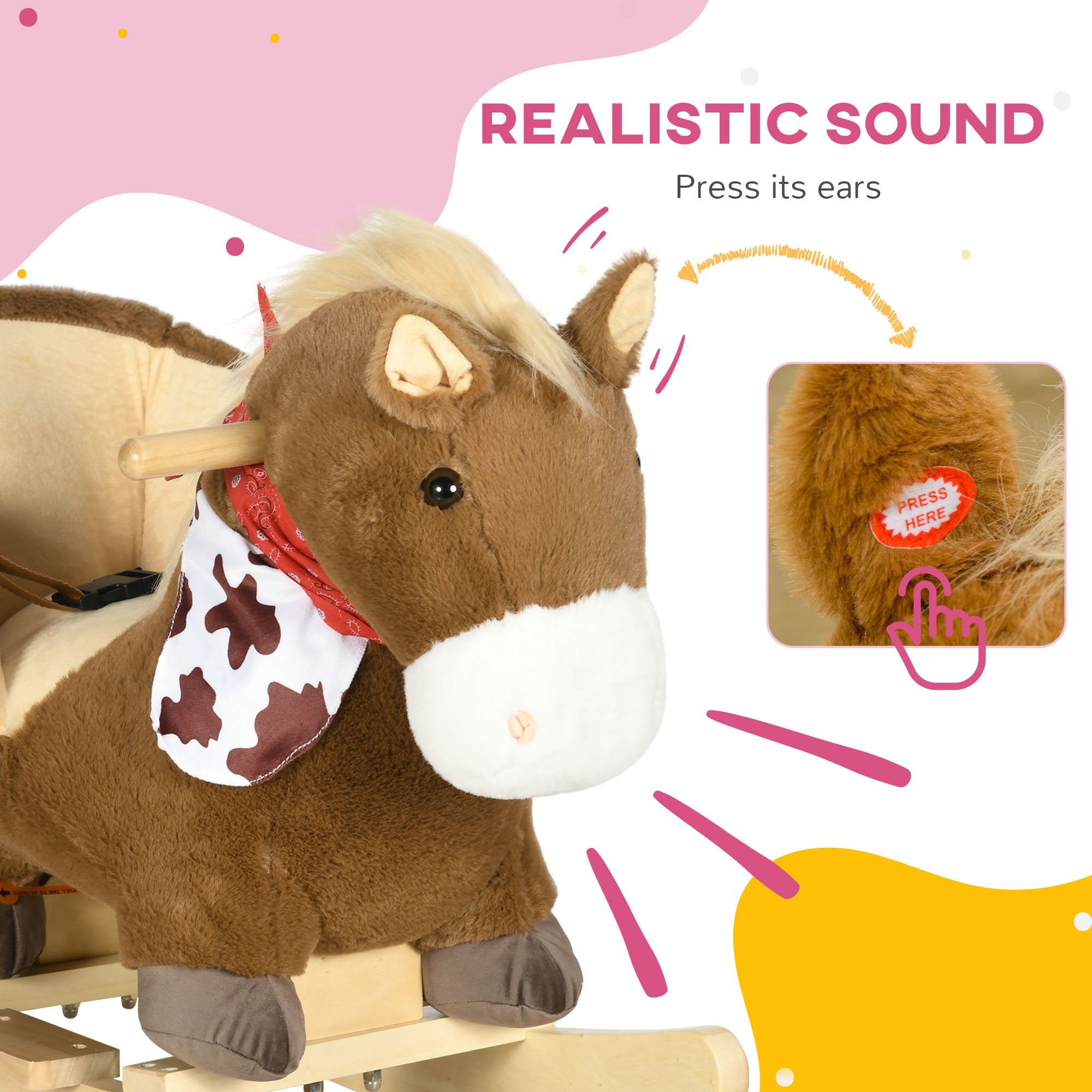 HOMCOM Kids Rocking Horse, with Safety Harness, Sounds, Foot Pedals - Brown - North Peak Garden Furniture