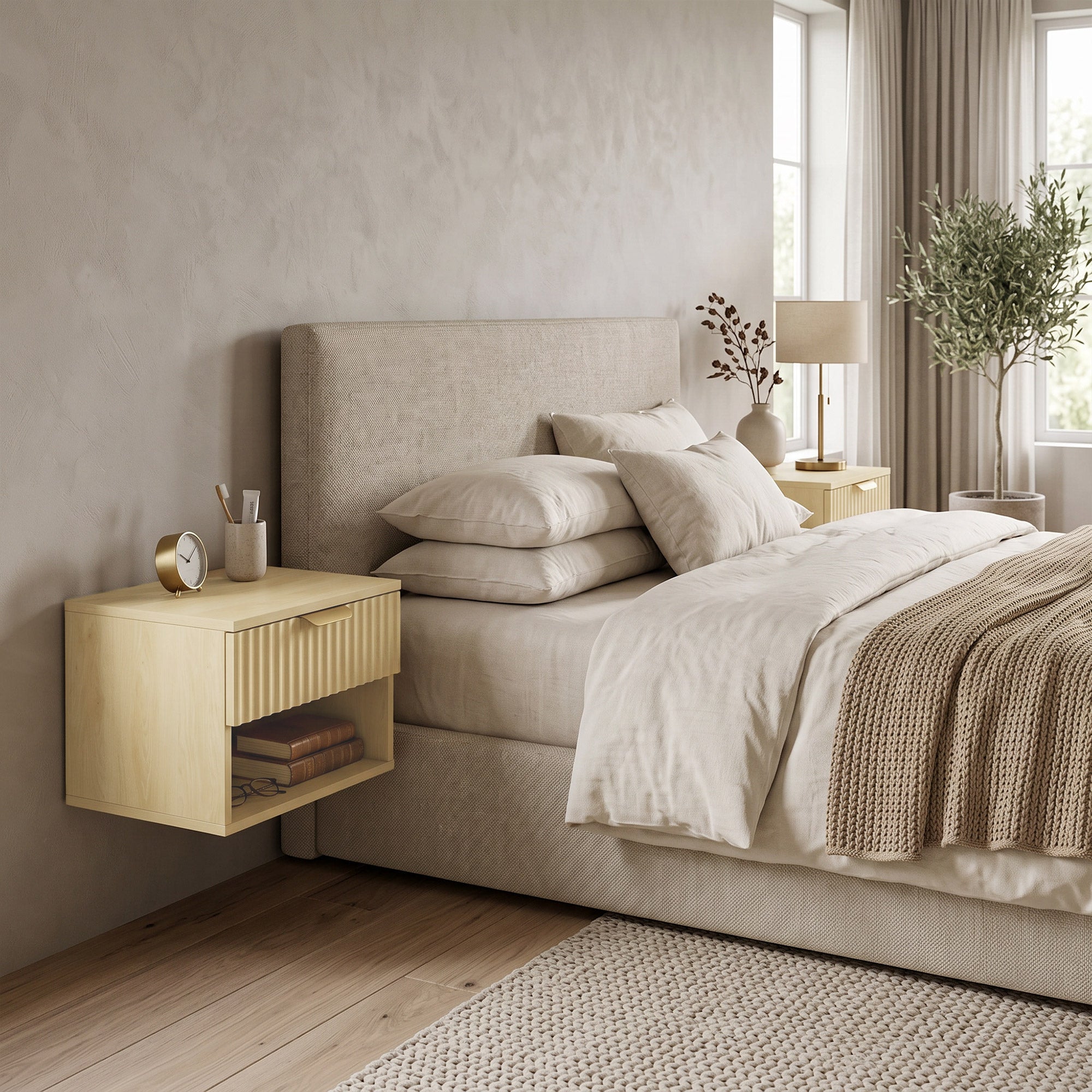 HOMCOM Floating Nightstands Set of 2, Modern Wall-Mounted Bedside Tables with Fluted Drawer and Open Shelf for Bedroom, Oak