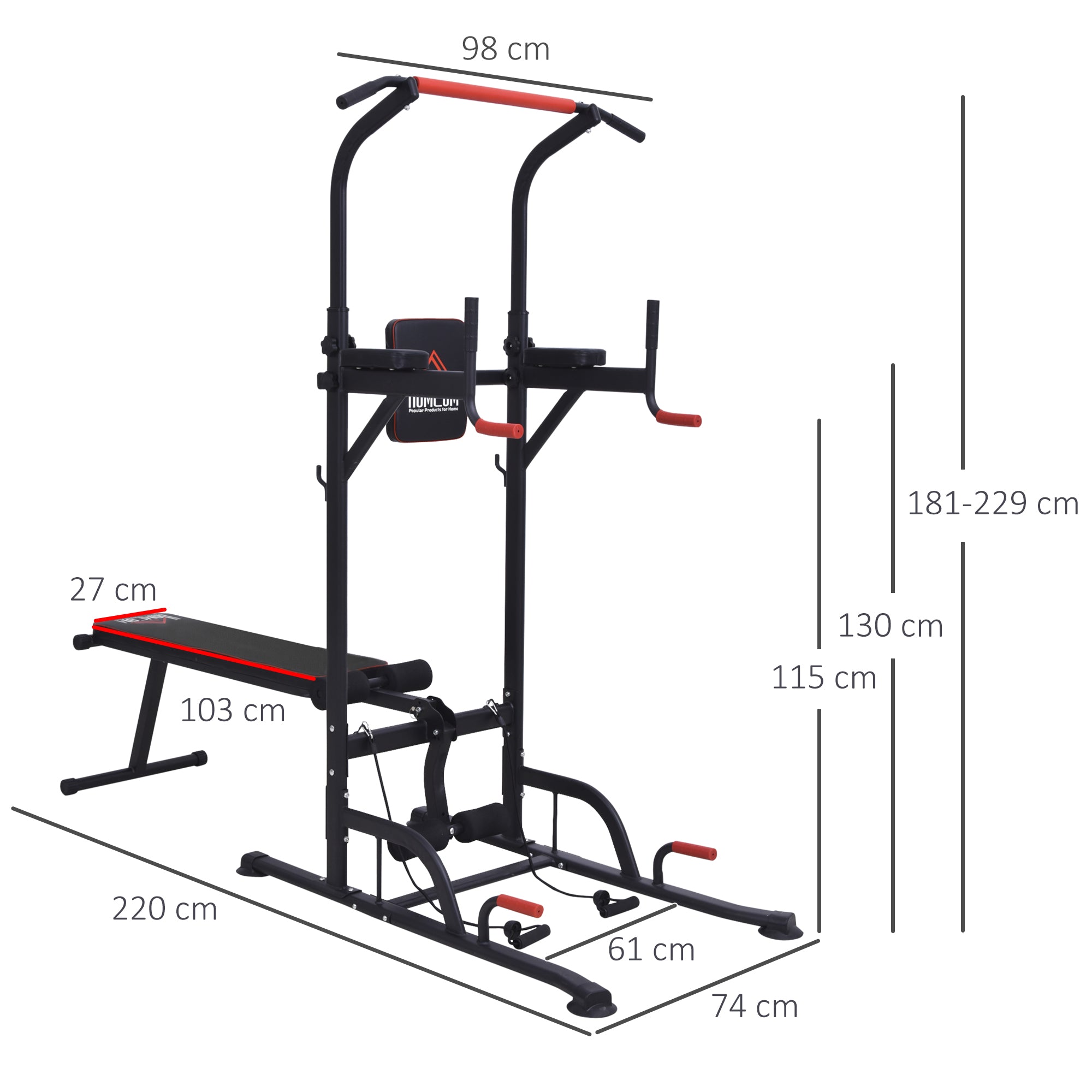 HOMCOM Multifunction Power Tower Home Workout Dip Station w/ Sit-up Bench Push-up Bars and Tension Ropes Fitness Equipment Office Gym Training - North Peak Garden Furniture