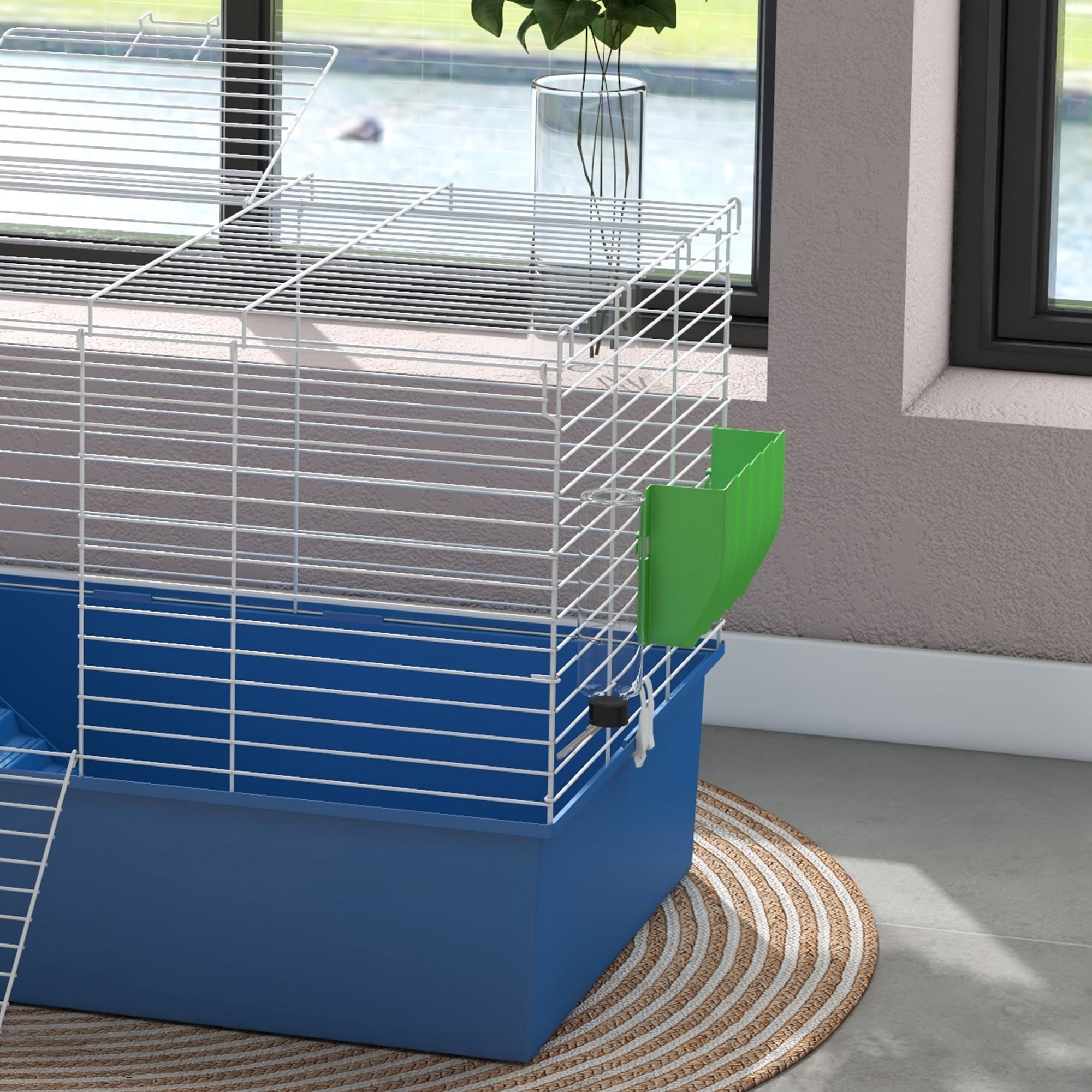 PawHut Chinchillas Small Rabbit Guinea Pig Small Animal Cage, Pet Playhouse, with Platform, Ramp, 99 x 52 x 53cm, Blue - North Peak Garden Furniture