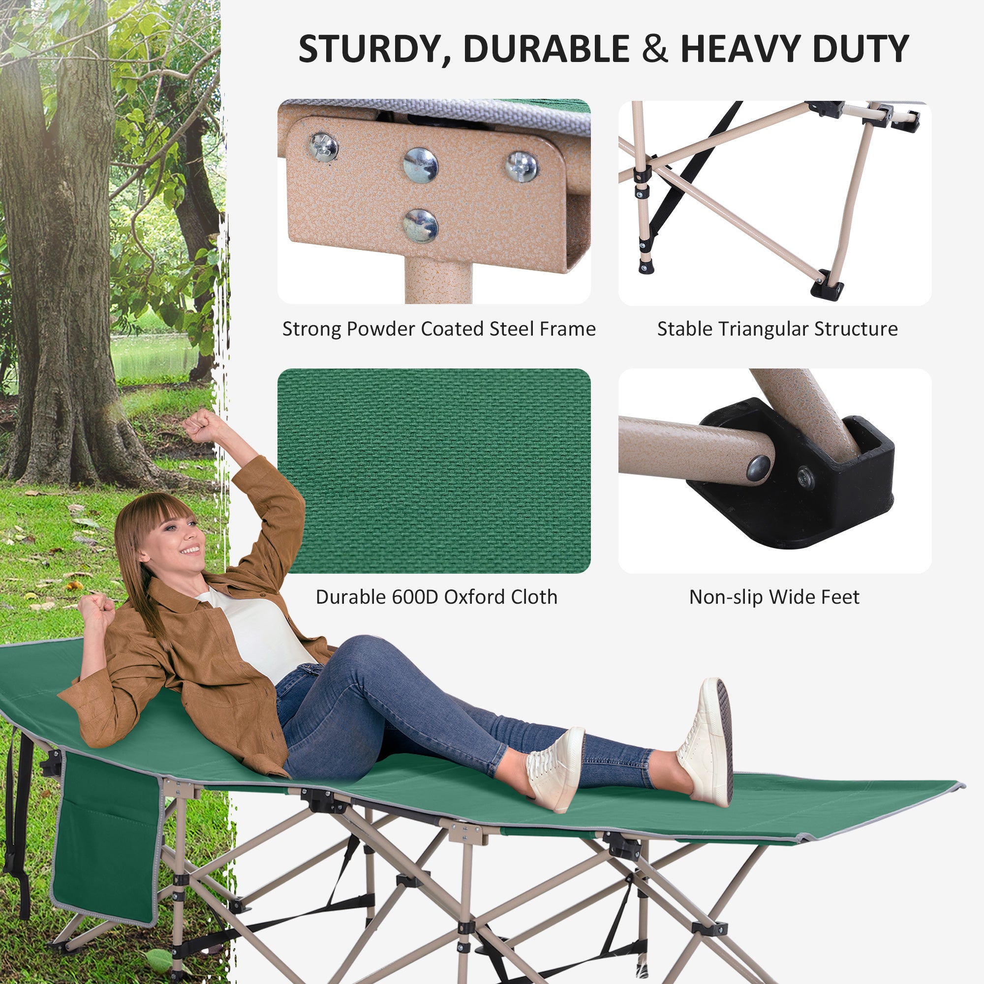 Outsunny Single Person Camping Bed Folding Cot Outdoor Patio Portable Military Sleeping Bed Travel Guest Leisure Fishing with Side Pocket and Carry Bag - Green - North Peak Garden Furniture