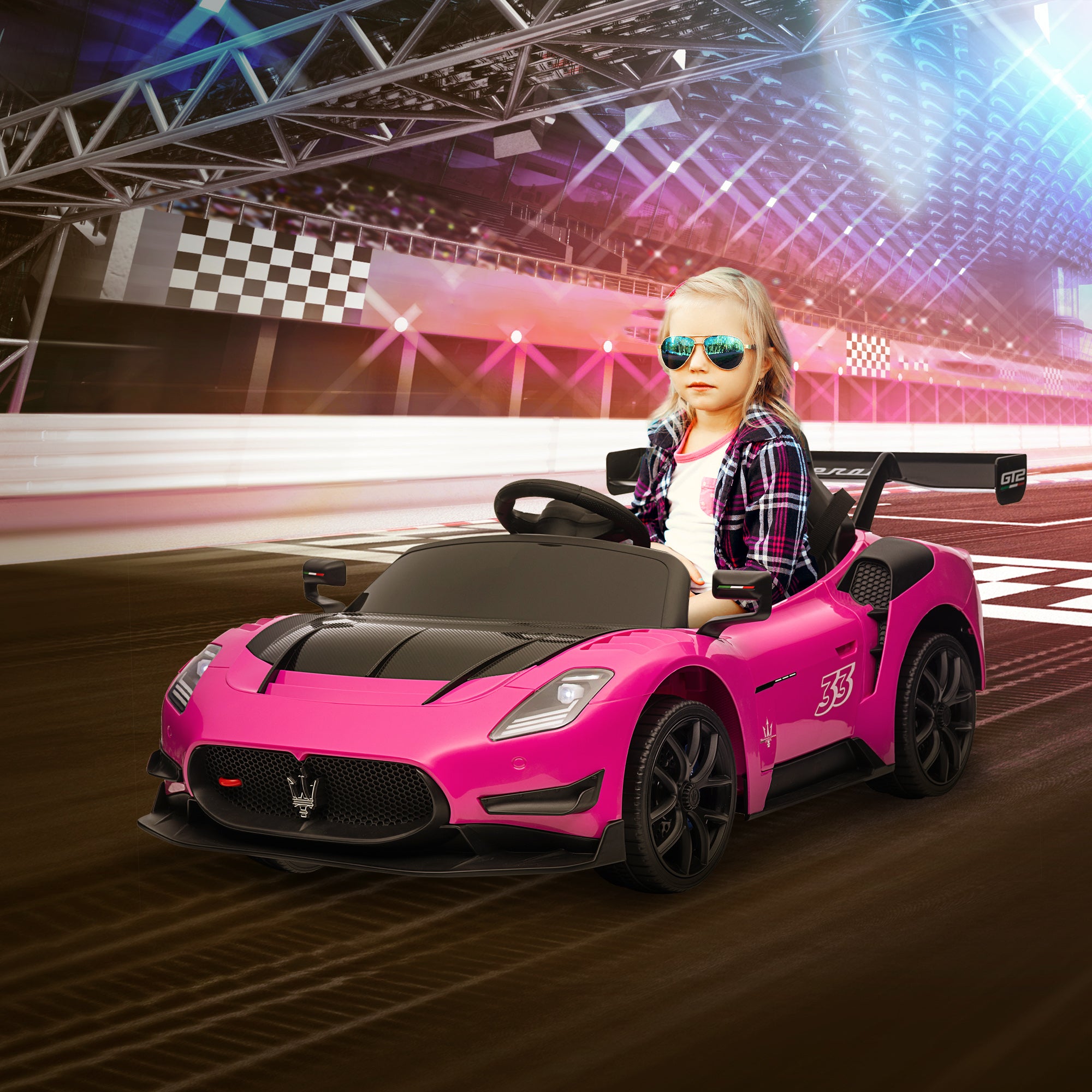 AIYAPLAY Maserati GT2 Licensed 12V Kids Electric Ride on Car with 4 Suspension, Remote Control Music Horn Lights - Pink - North Peak Garden Furniture