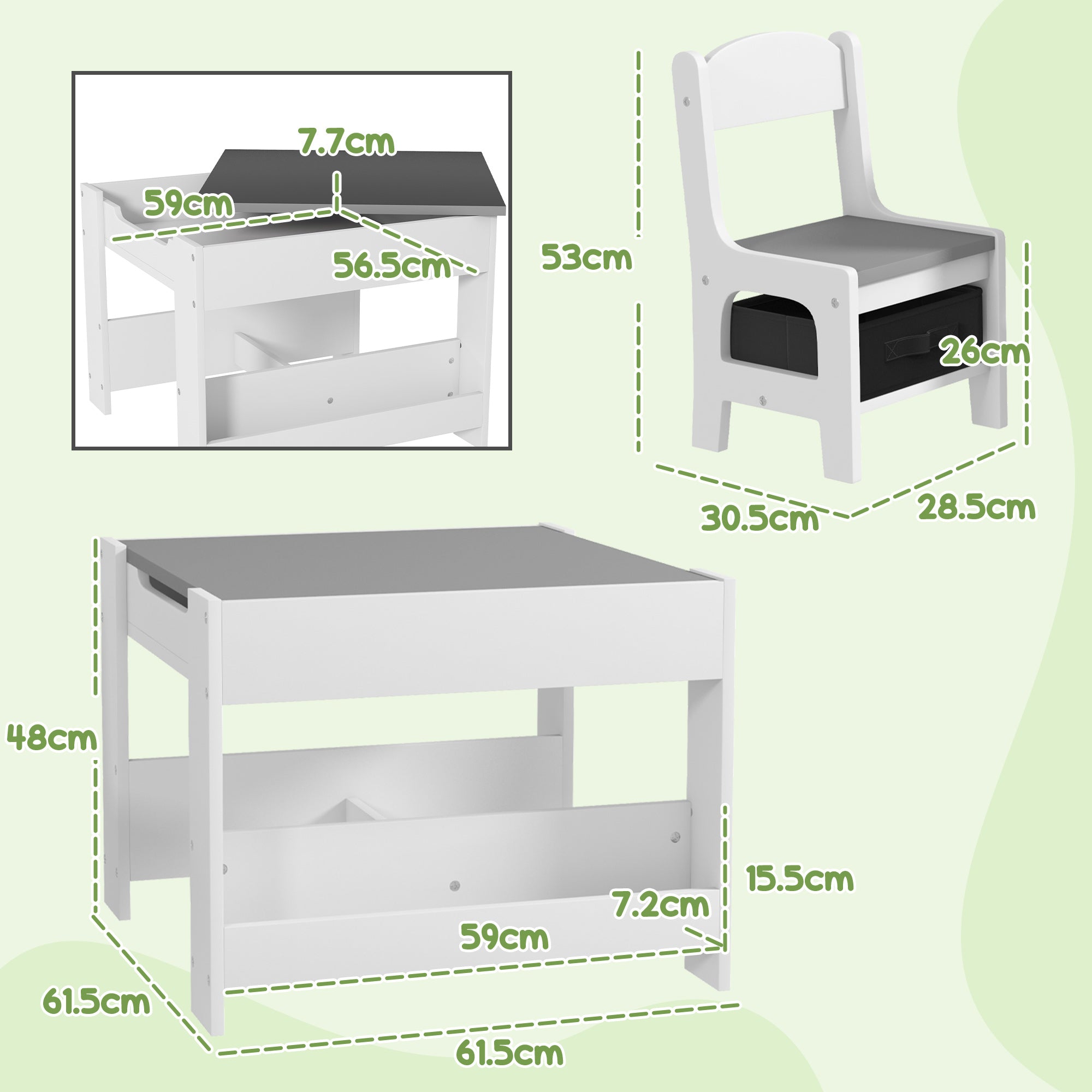 HOMCOM Three-Piece Kids Table and Chair Set with Blackboard, Storage, Bookshelves - Grey - North Peak Garden Furniture