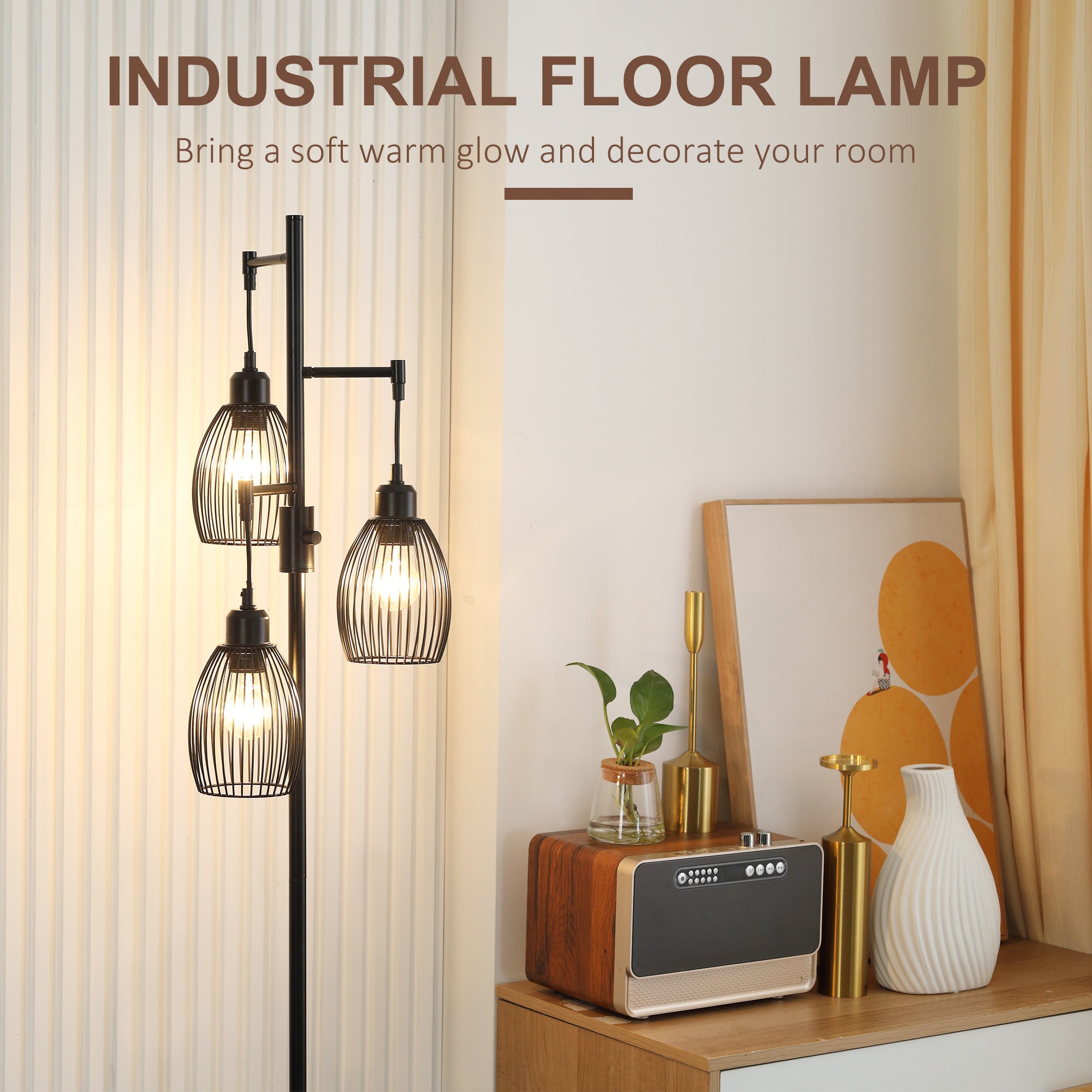 HOMCOM 170cm Industrial 3-Light Floor Lamp, Dimmable Standing Lamp with Steel Lampshades for Living Room, Bedroom, Dinging Room, Study, Black - North Peak Garden Furniture