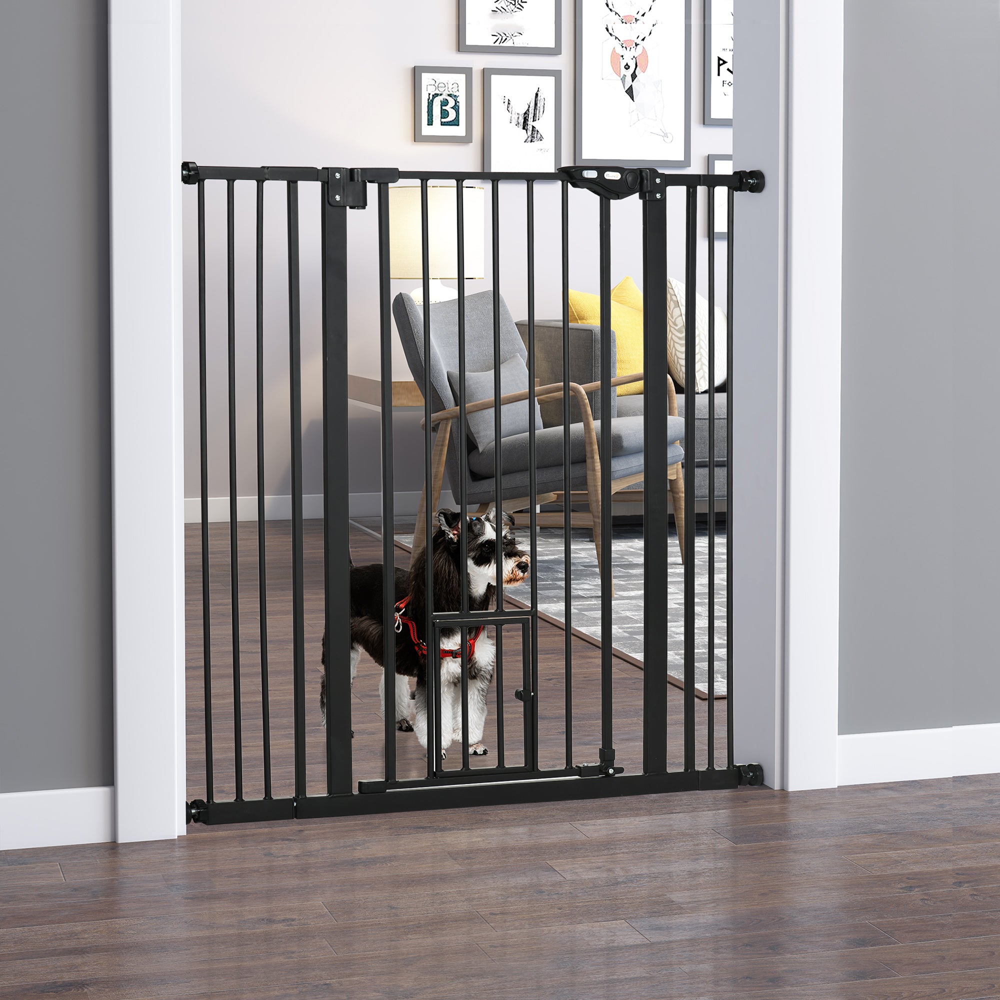 PawHut Extra Tall Pet Gate, Indoor Dog Safety Gate, with Cat Flap, Auto Close, 74-101cm Wide - Black - North Peak Garden Furniture
