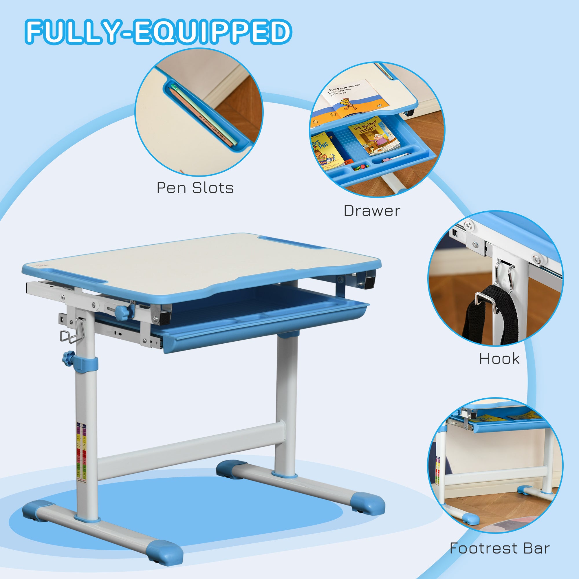 HOMCOM Kids Desk and Chair Set, Height Adjustable Student Writing Desk, Children School Study Table with Tiltable Desktop, Drawer, Pen Slot, Hook - Blue - North Peak Garden Furniture