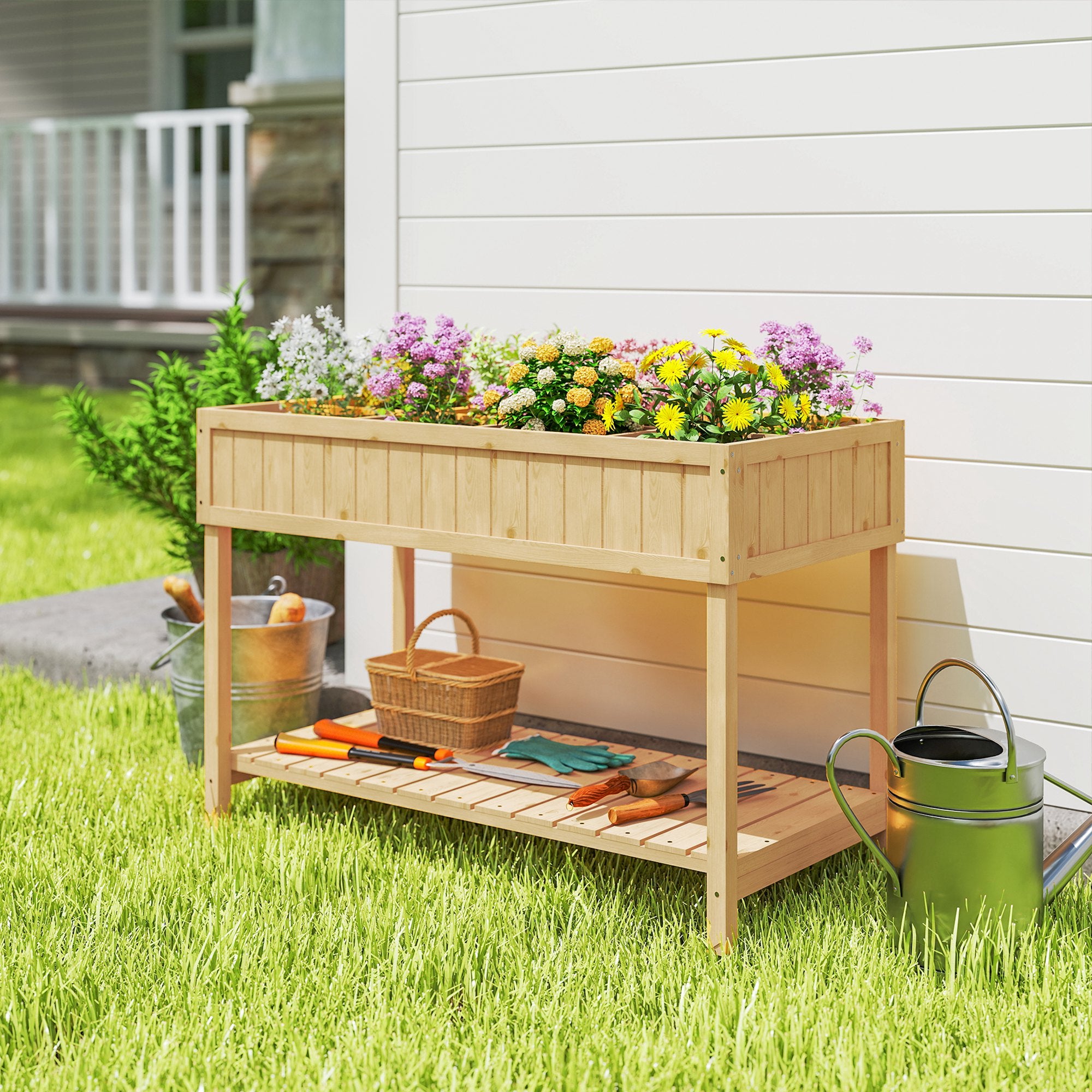 Outsunny Garden Wooden Planters, Rectangular 8 Compartment Plant Stand, Oak Tone