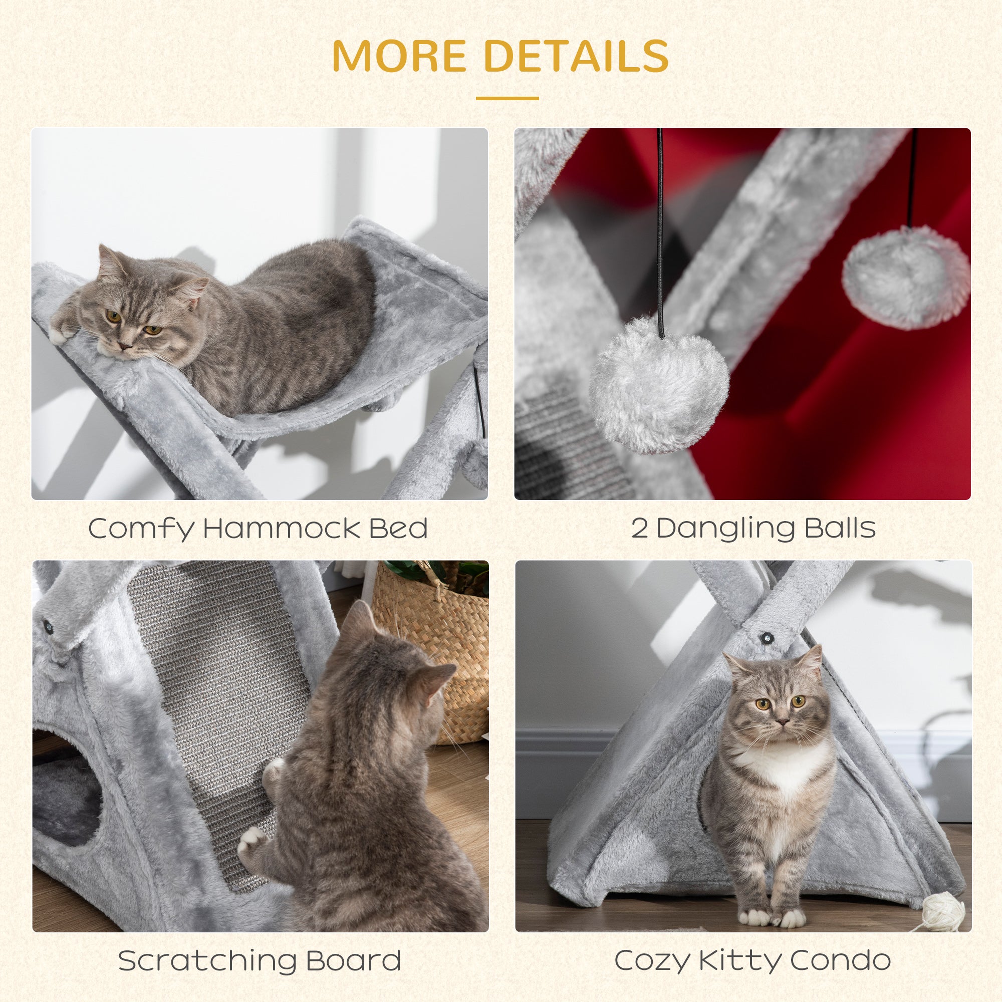 PawHut Two Tier Cat Tree for Indoor Cats Play Rest Activity Tower Plush Folding Relax Center w/ Scratching Post Hammock Pom Poms Grey - North Peak Garden Furniture