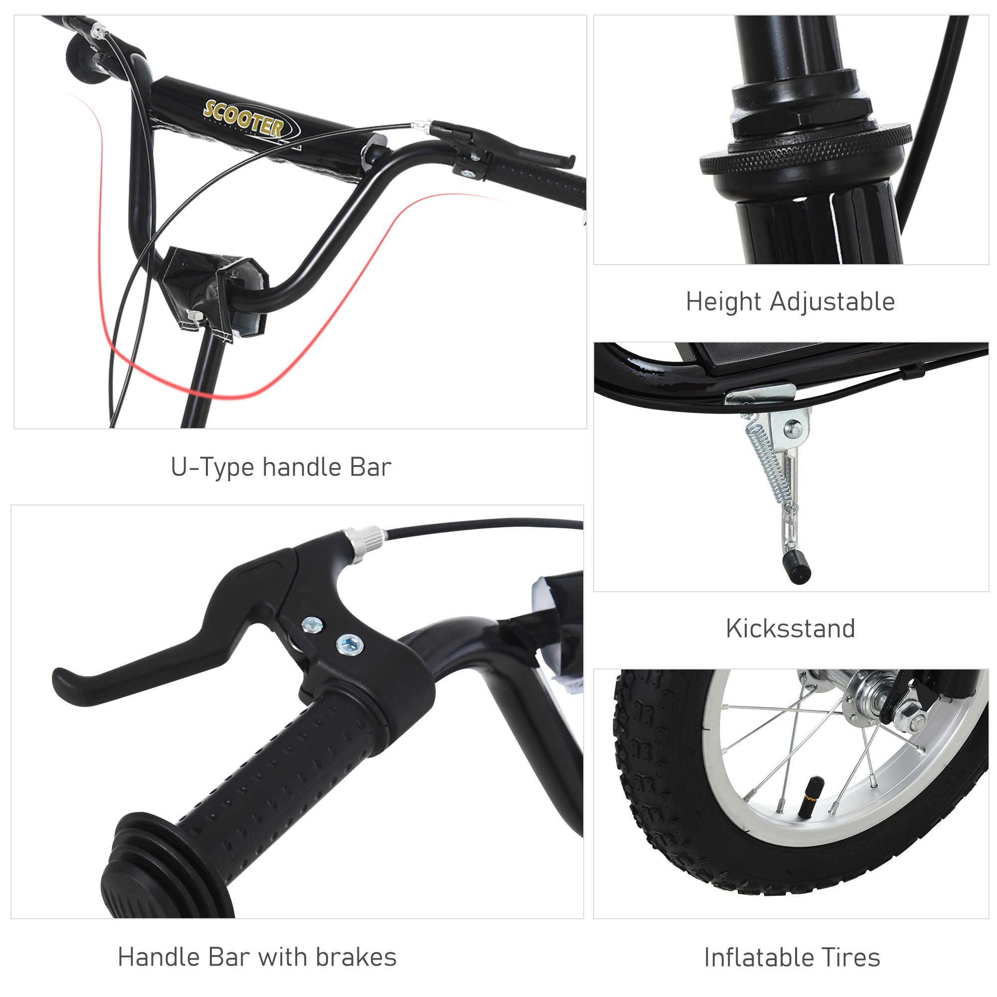 HOMCOM Teen Kids Stunt Scooter w/ Adjustable Handlebar, 12 Inch Rubber Tyres, Dual Brakes, Black - North Peak Garden Furniture