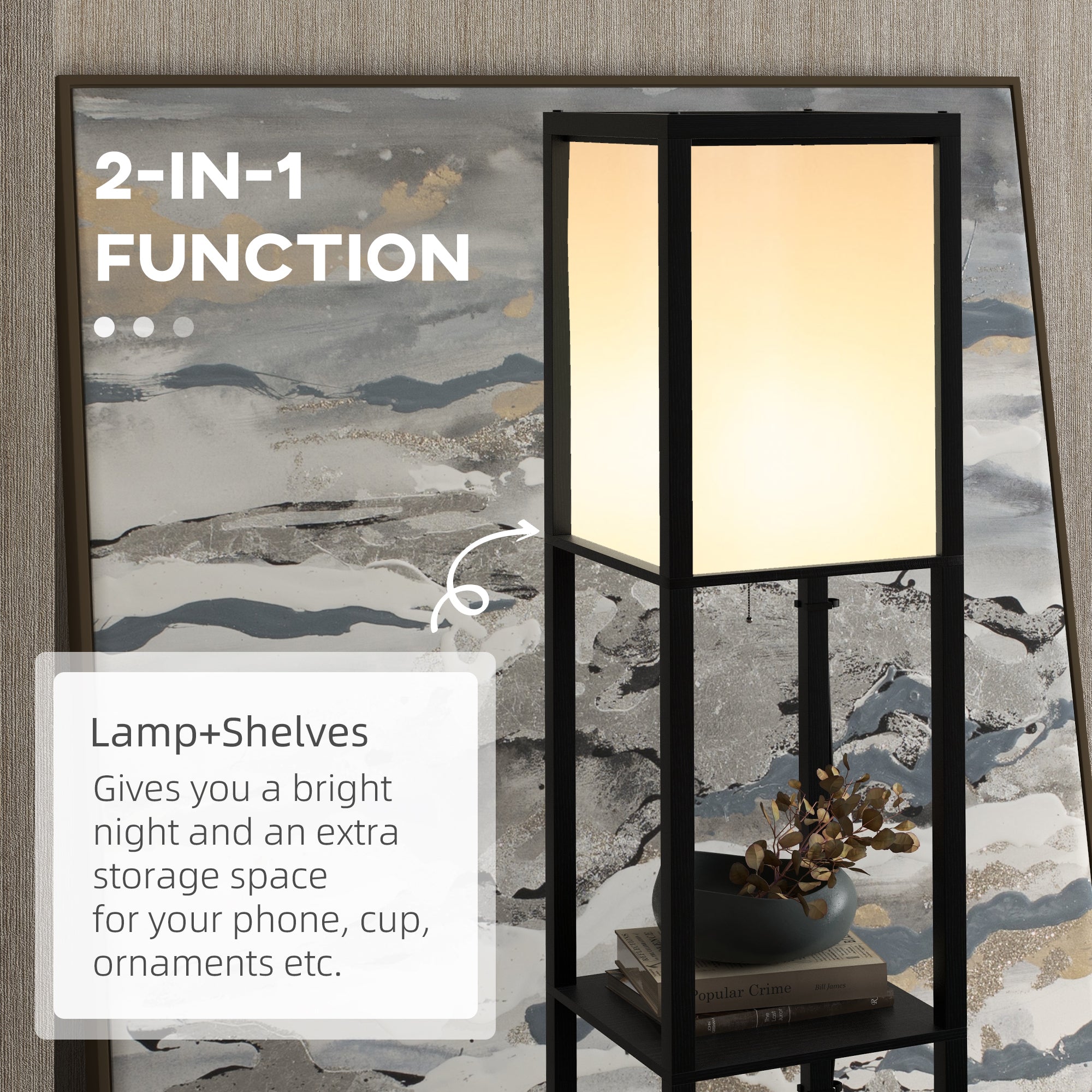HOMCOM Modern Shelf Floor Lamp with Dual Ambient Light, Standing Lamp Living Room, Bedroom, 156cm, Black - North Peak Garden Furniture