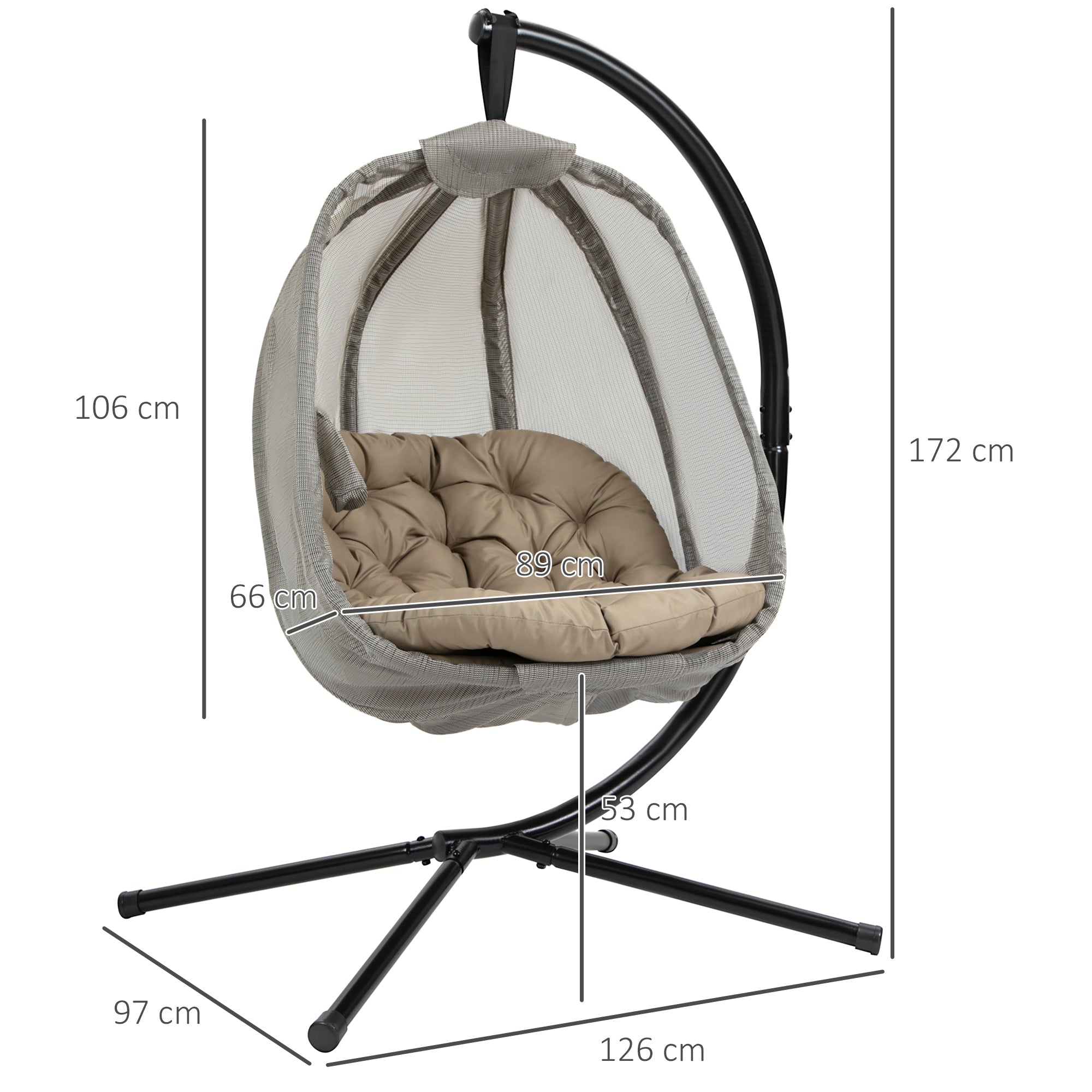 Outsunny Hanging Egg Chair, Folding Texteline Swing Hammock with Side Pocket, Cushion and Stand for Indoor Outdoor, Patio Garden Furniture, Khaki - North Peak Garden Furniture