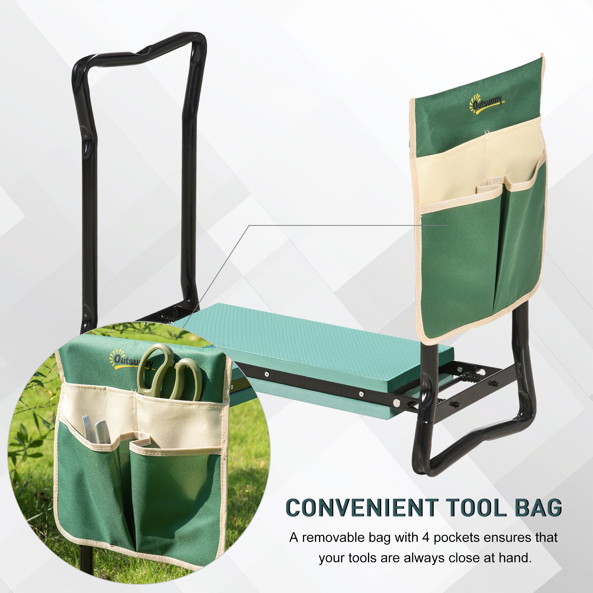Outsunny Foldable Steel Frame Garden Kneeler Seat w/ Foam Bag Tool Bag Pouch Outdoor Garden Stable Sturdy Assistance Versatile Use - North Peak Garden Furniture