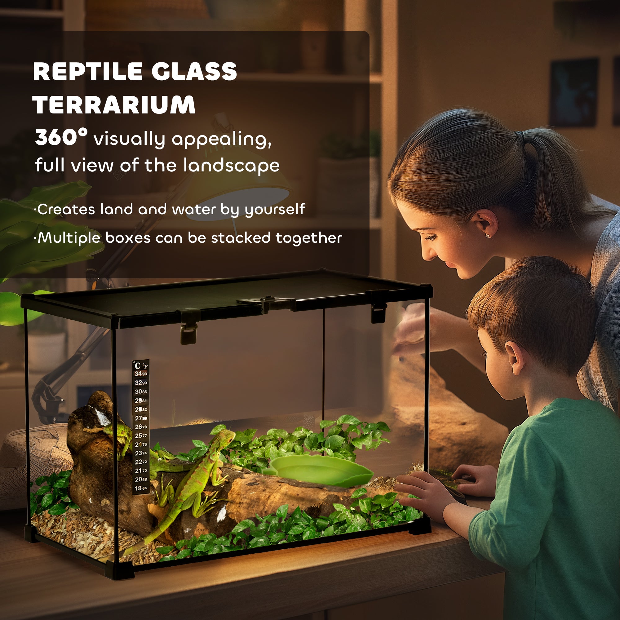 PawHut Glass Reptile Terrarium Insect Breeding Tank Vivarium Habitats with Thermometer for Lizards, Horned Frogs, Snakes, Spiders - Large 50 x 30 x 35cm - North Peak Garden Furniture