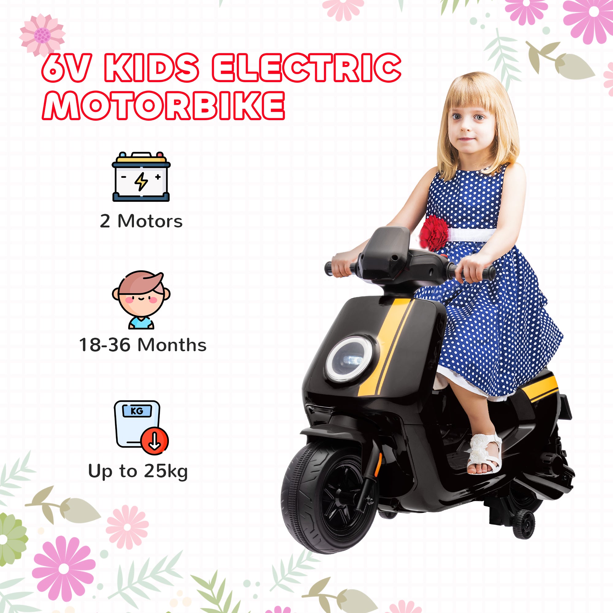 AIYAPLAY 6V Ride on Motorbike Kids Electric Motorbike w/ Headlight Music, Training Wheels, for Ages 18-36 Months - Black - North Peak Garden Furniture