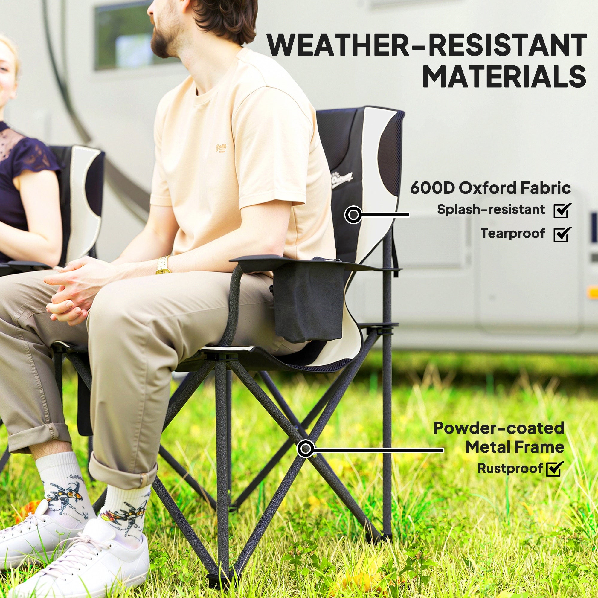 Outsunny Set of 2 Folding Camping Chairs, Padded Camping Chairs with Adjustable Armrests, Portable & Lightweight Folding Camp Chair with Cooler Bag, Cup Holder and Side Pockets, Black - North Peak Garden Furniture