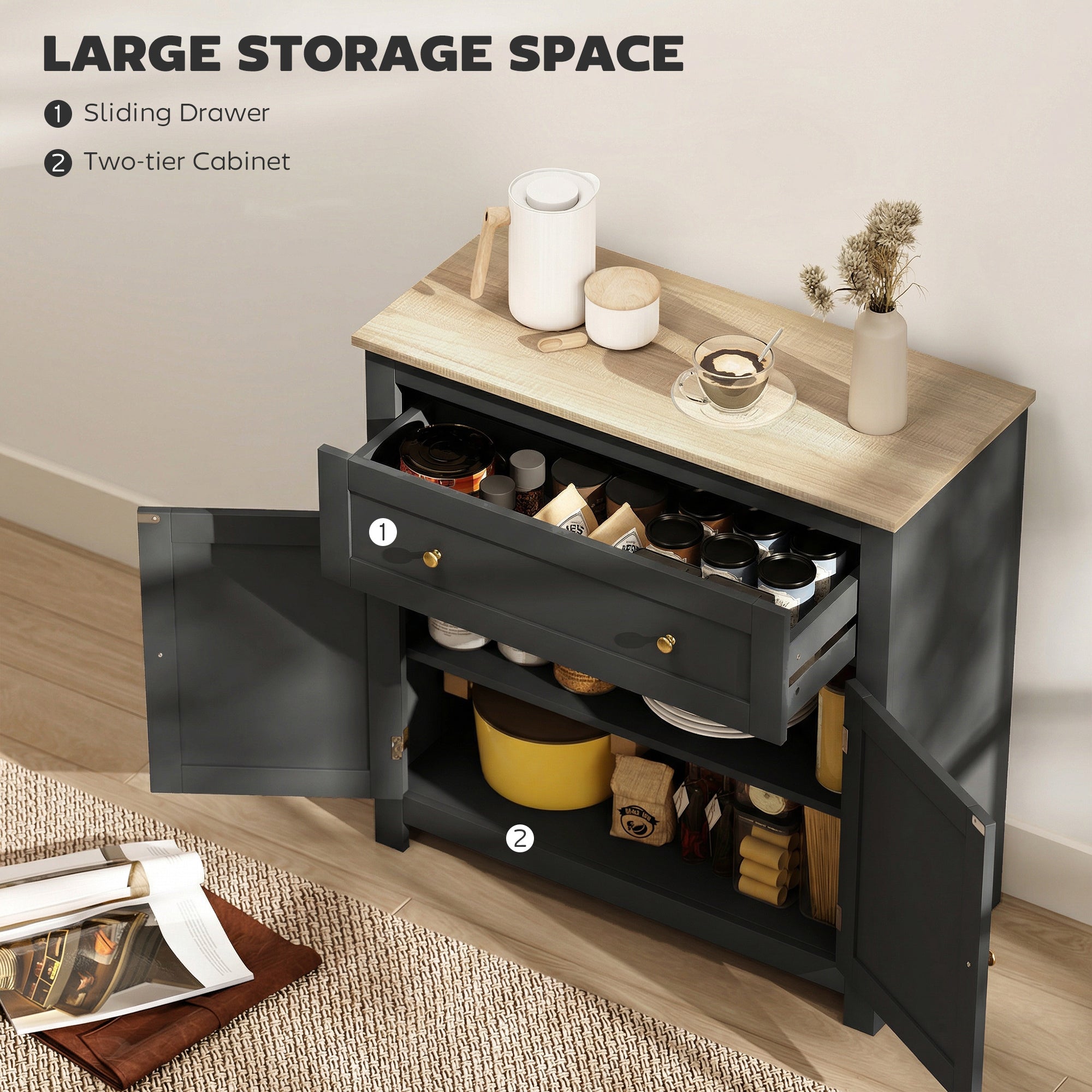 HOMCOM Sideboard Storage Cabinet, Modern Kitchen Cupboard with Adjustable Shelf, Drawer and Double Doors, Black