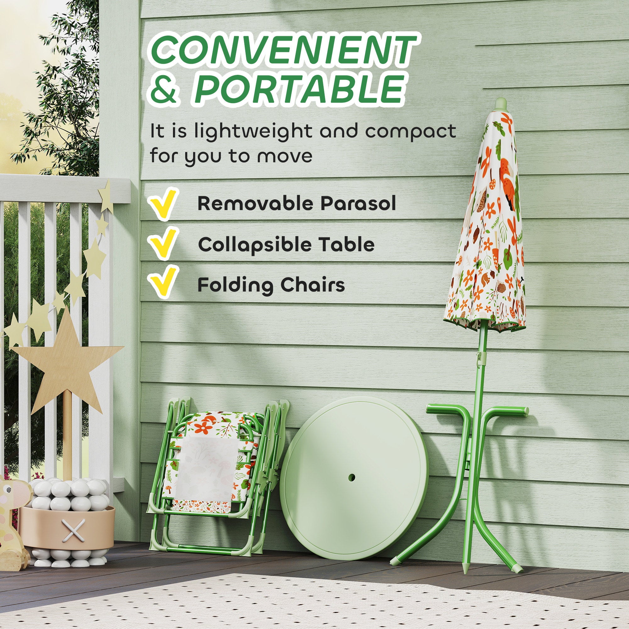 AIYAPLAY 4 Pieces Kids Garden Table and Chair Set with Adjustable Parasol, Folding Chairs, Table, Fox Pattern, Green - North Peak Garden Furniture