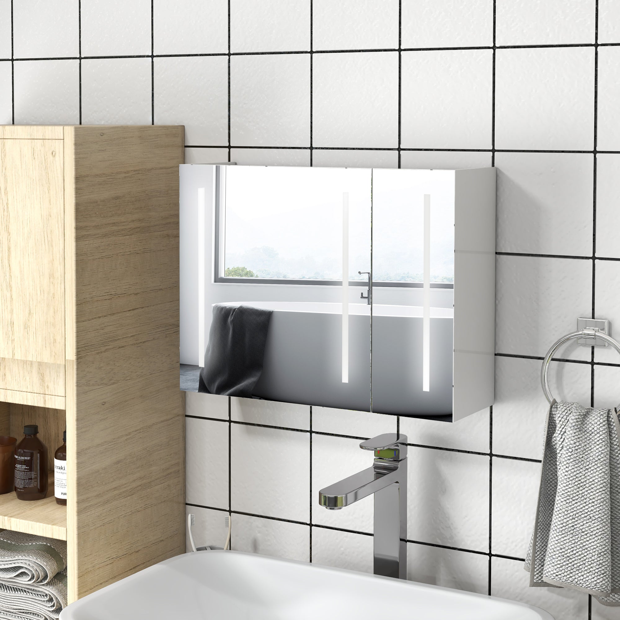 kleankin Bathroom Mirror Cabinet with Light, Bathroom Storage Cupboard with USB Charge, Adjustable Shelf, 90x15x70cm, White - North Peak Garden Furniture