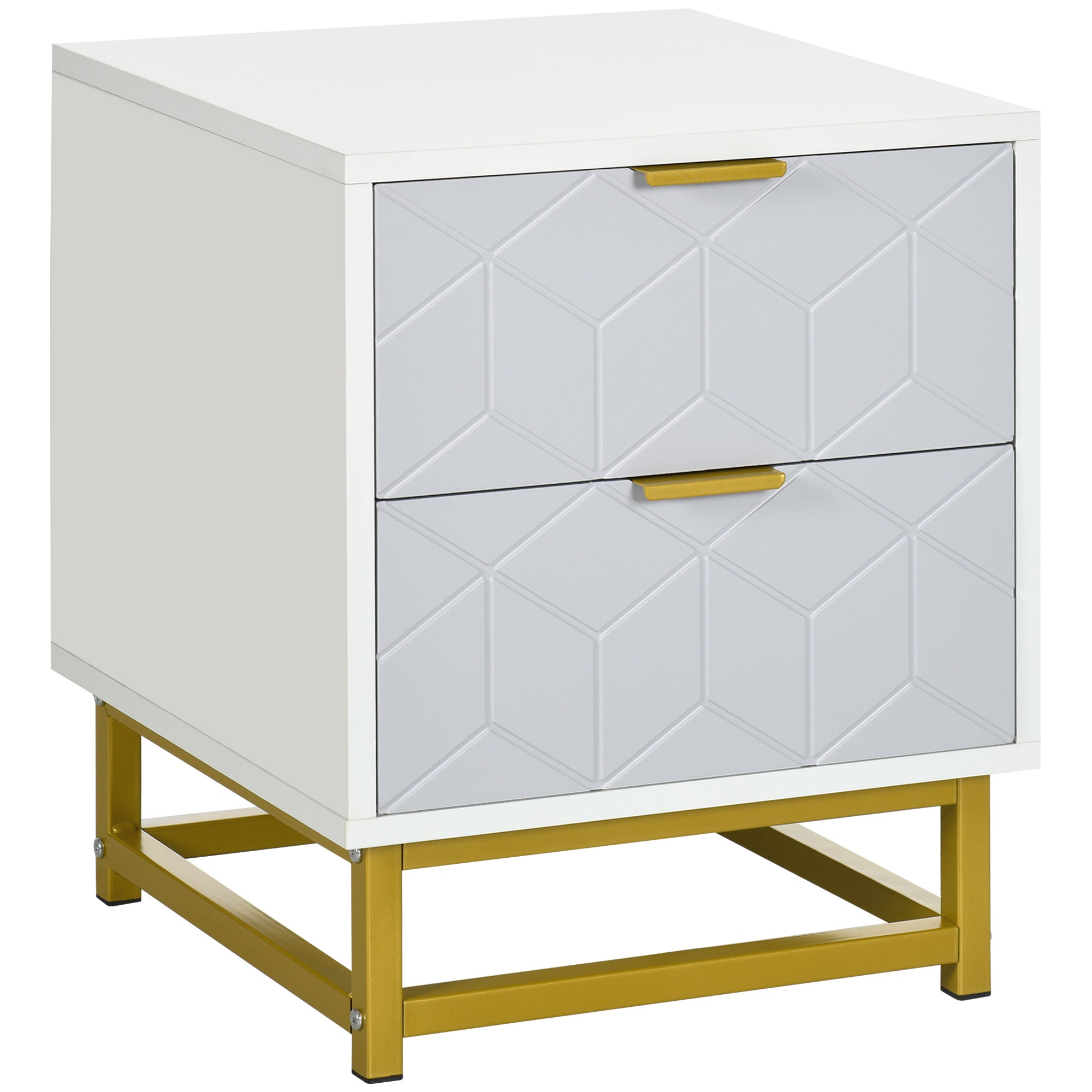 HOMCOM Bedside Table with 2 Drawers, Side Table, Bedside Cabinet with Steel Frame for Living Room, Bedroom, Grey and White - North Peak Garden Furniture