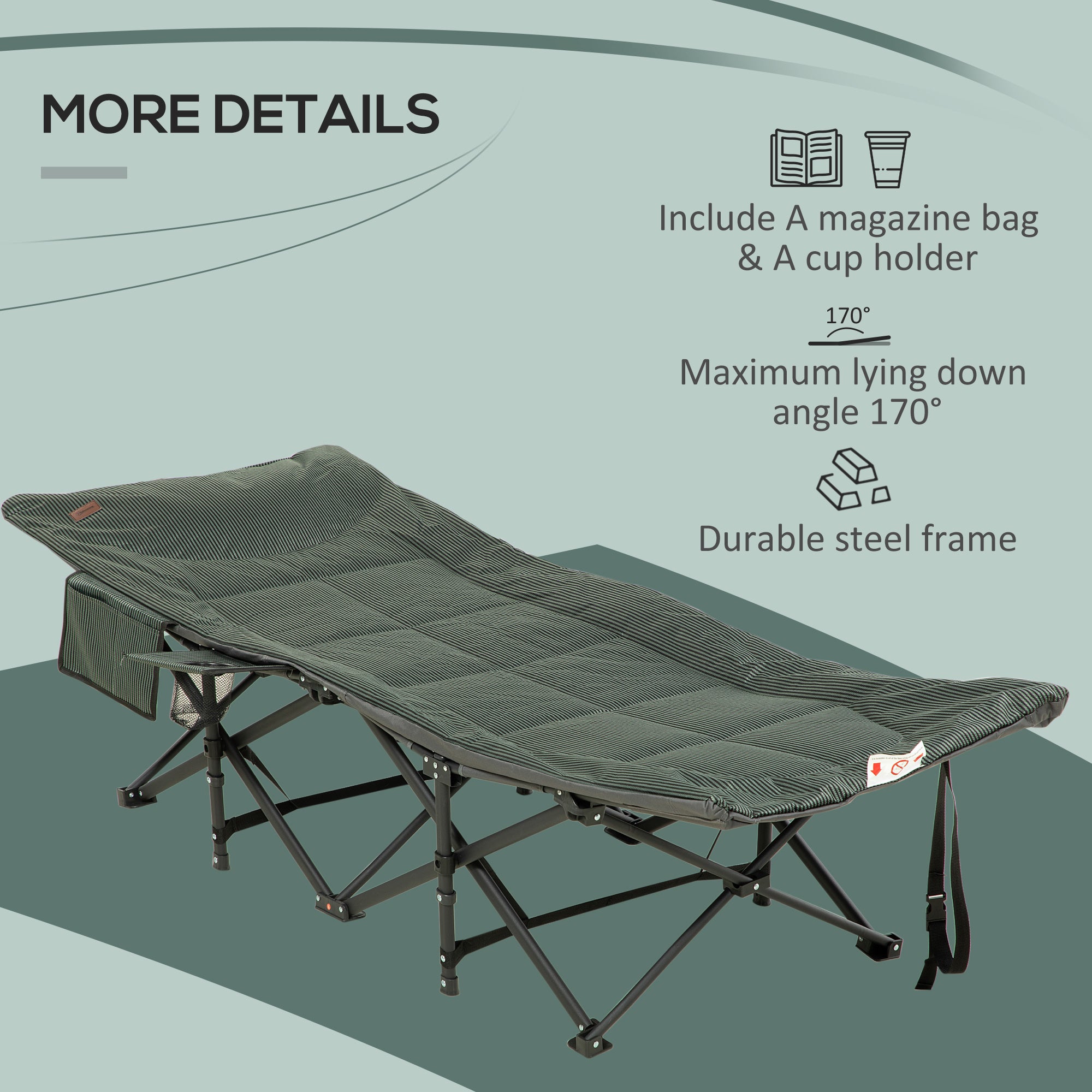 Outsunny Foldable Sun Lounger, Padded Patio Camping Bed with Carry Bag, Magazine Bag and Cup Holder for Outdoor, Garden, Porch, Grey - North Peak Garden Furniture