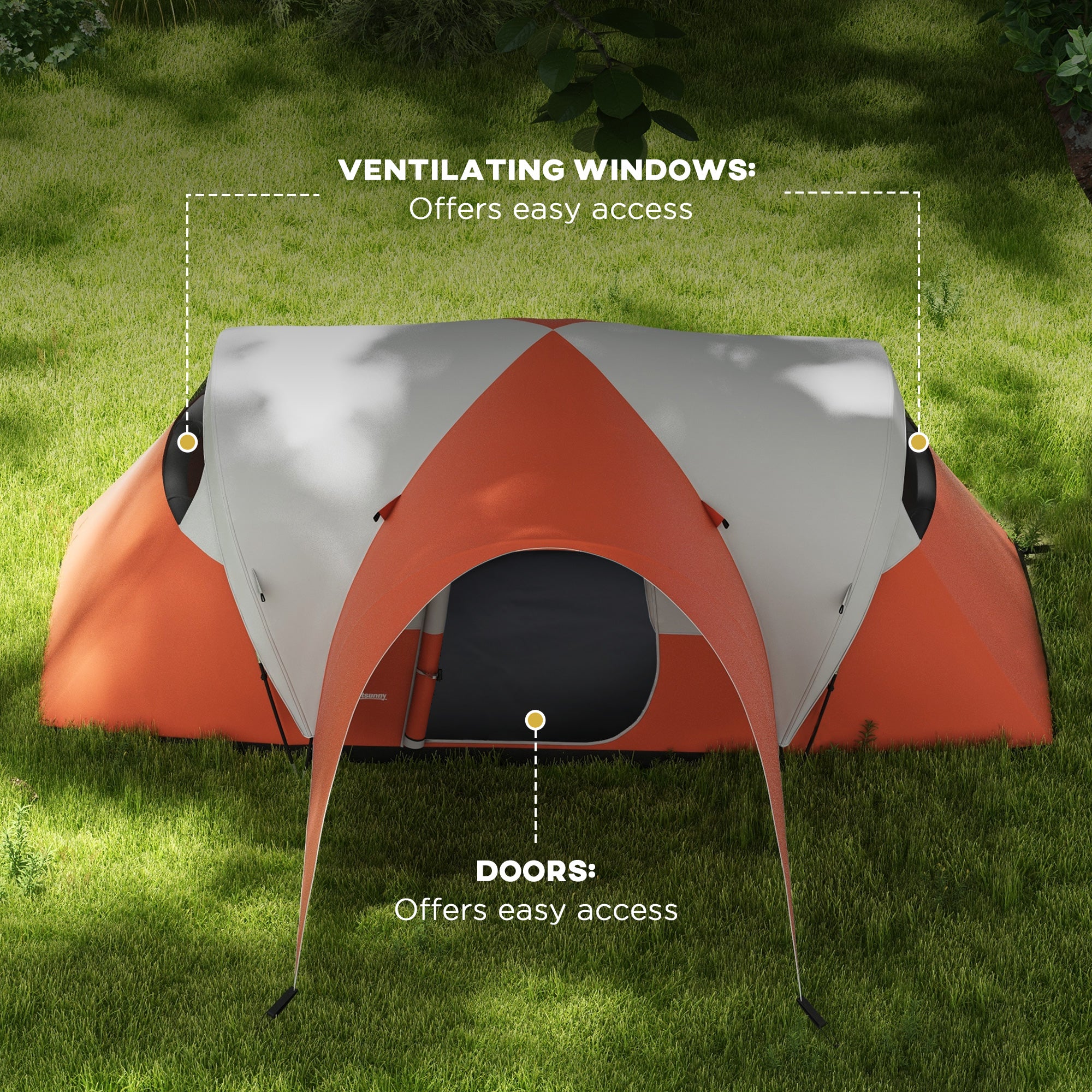Outsunny 3000mm Waterproof Camping Tent for 5-6 Man, Family Tent with Porch and Sewn in Groundsheet, Portable with Bag, Orange - North Peak Garden Furniture